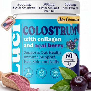 Luci Colostrum Powder 60 Servings, 3 in 1 with Collagen Peptides and Acai, Bovine Colostrum for Gut Health, Bloating, Collagen Protein for Muscle, Skin, Hair, Nails and Immunity, Gluten & Fat Free Luci Nutrition Au supplements