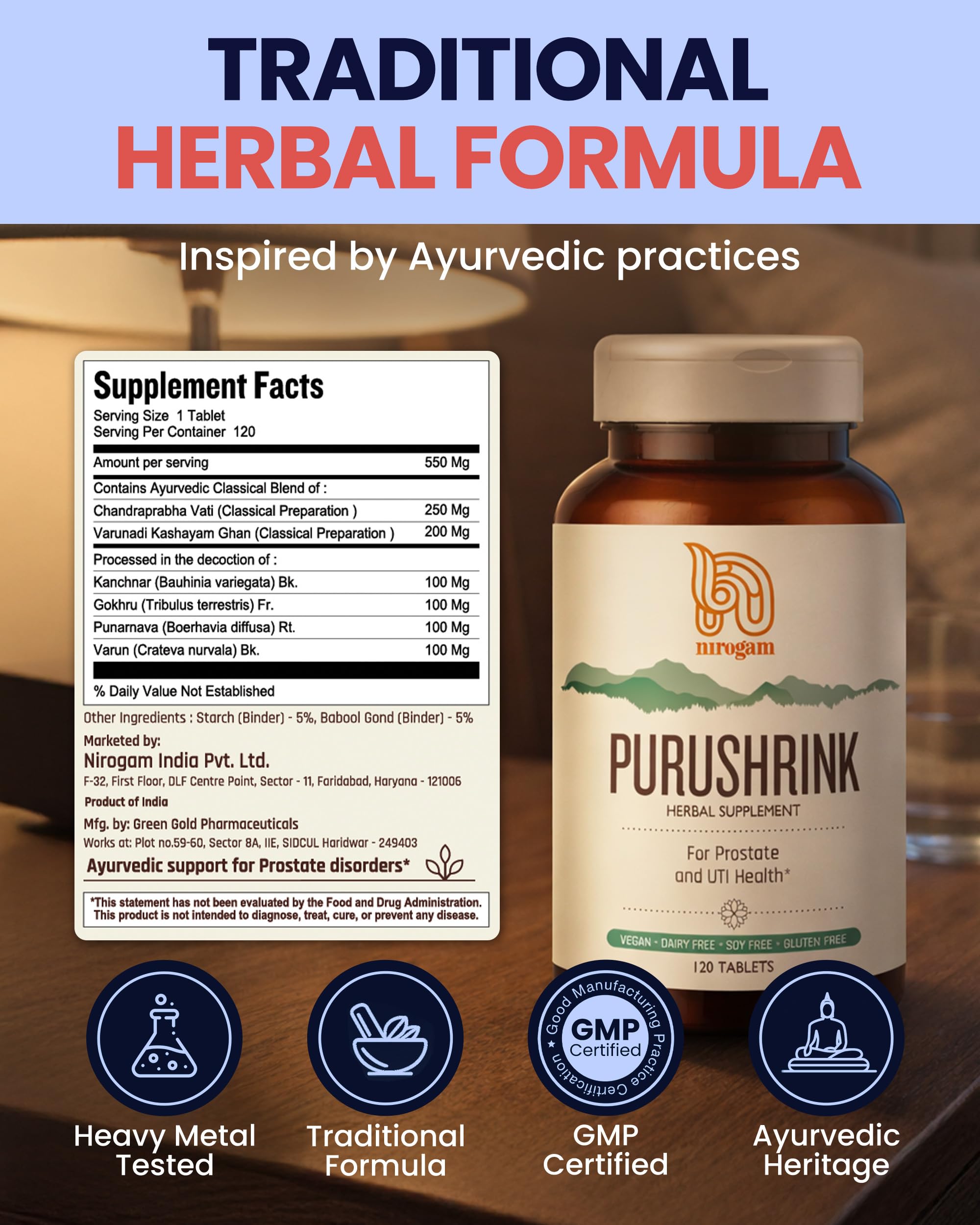 Nirogam Purushrink - BPH Prostate Supplement for Men, Supports Better Sleep & Urinary Health - Natural Ayurvedic Herbal Supplement 120 Tablets - Vegan, Dairy Free, Gluten Free Nirogam Au supplements