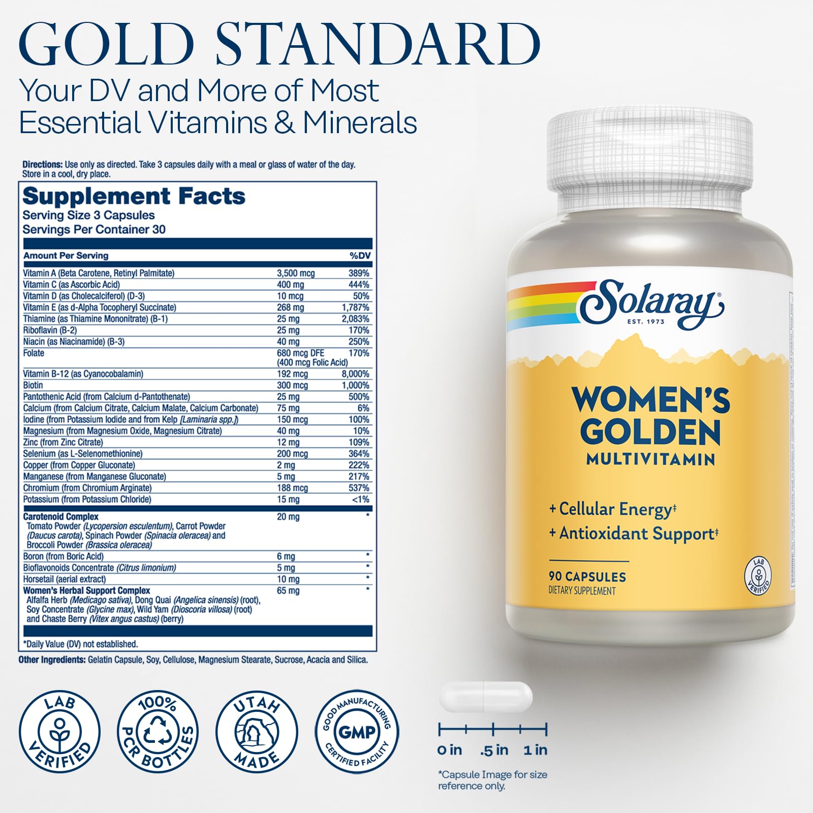 SOLARAY Women's Golden Multivitamin Supplement - Daily Wellness Vitamins for Women, Nutrient Rich, Cellular Energy Support Caps, Complex with Vitamins A, C, D, & E, Biotin, Calcium & More- 90 Capsules SOLARAY Au supplements