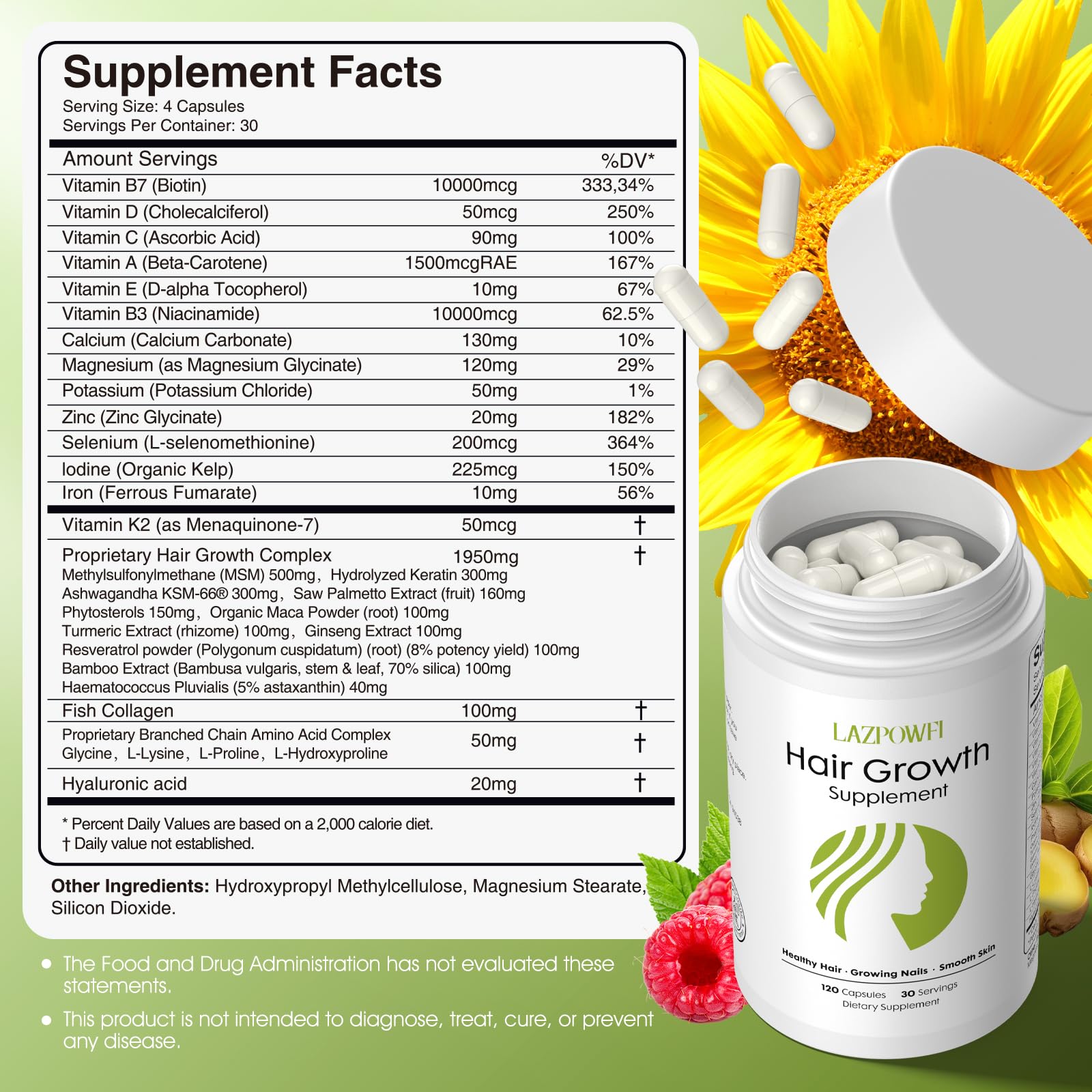 Lazpowfi Hair Growth Supplement, Biotin 10000mcg, 32-in-1 with Vitamin A, B3, C, Magnesium, Calcium, Hair Growth Products, Supports Hair & Nails Natural Growth Vitamins, for Women & Men - 30 Servings Lazpowfi Au supplements