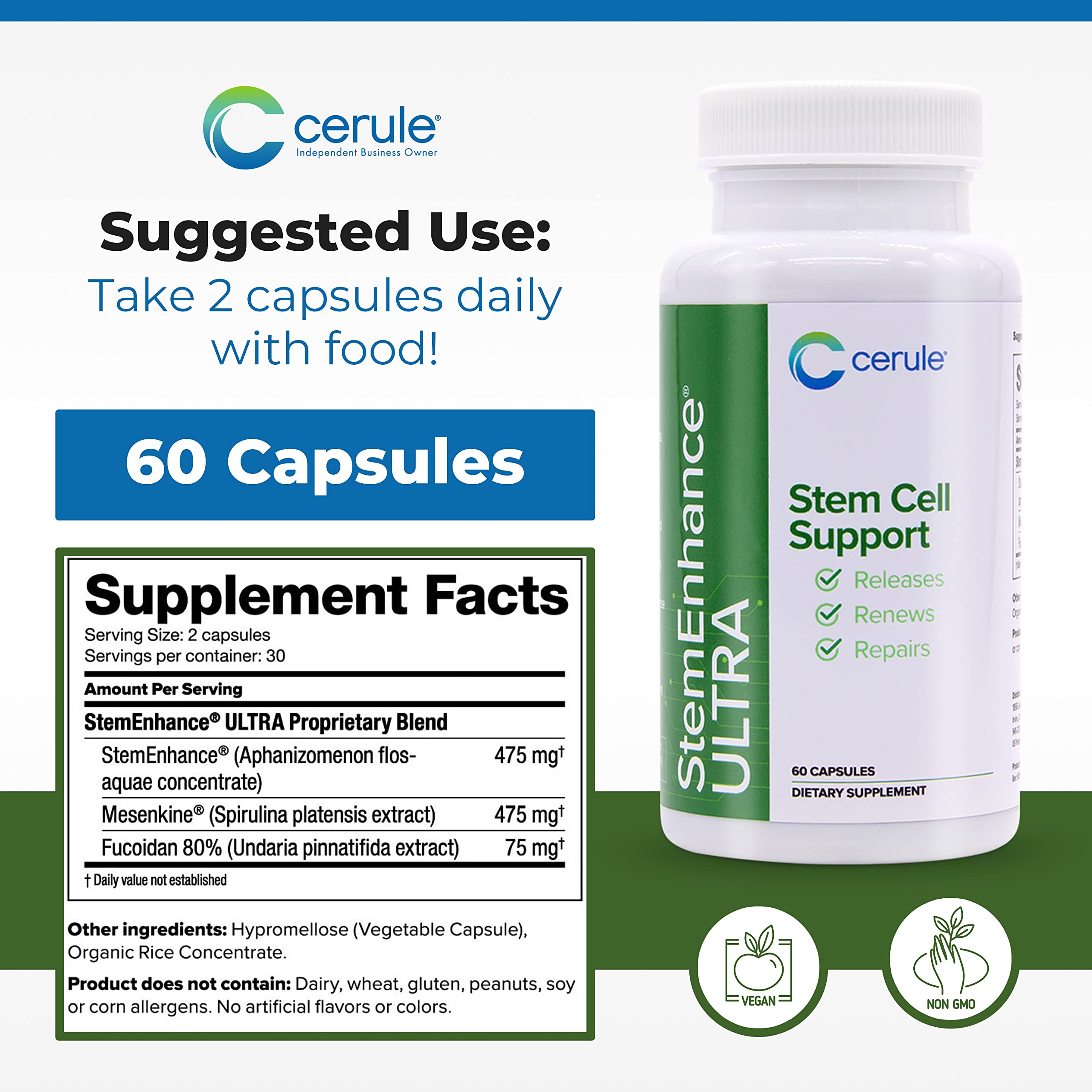 Cerule StemEnhance Ultra Natural Stem Cell Support Supplement – Freshwater Microalgae and Marine Macroalgae Extracts for Cellular Renewal, Immune Function, Energy, and Tissue Recovery – 60 Capsules Cerule Au supplements