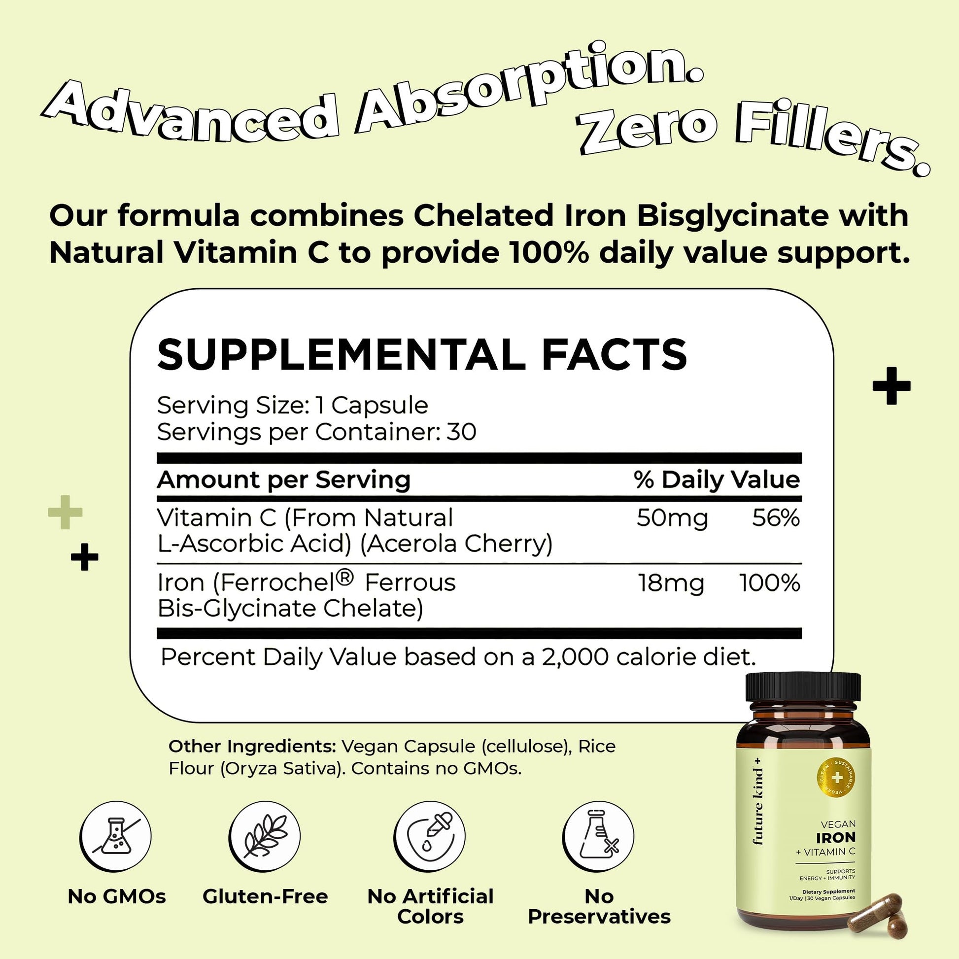 Future Kind Iron Supplement for Women and Men, Daily Energy & Focus, Chelated Iron Bisglycinate, 18mg 100% DV with Vitamin C for Absorption - Gentle on Stomach, Non-GMO Vegan Capsules, 30 Day Supply Future Kind Au supplements