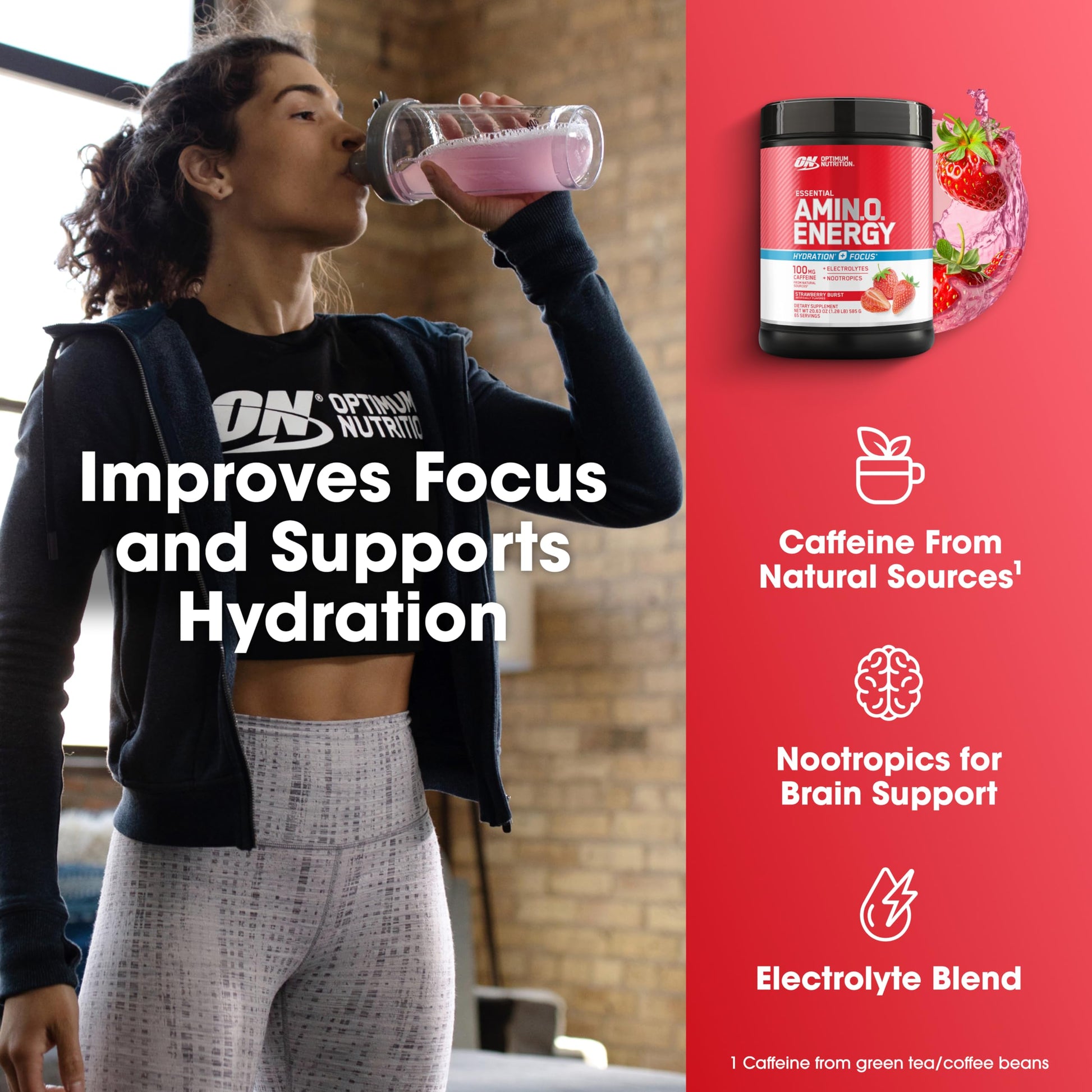 Optimum Nutrition Amino Energy Powder Plus Focus, with BCAA, Electrolytes, and Caffeine, Strawberry Burst, 65 Servings Optimum Nutrition Au supplements