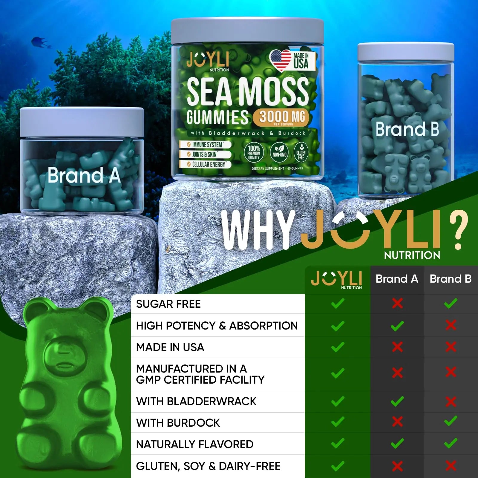 Sea Moss Gummies - Irish Seamoss Gummies for Adults & Kids - Advanced Superfood Supplement with Natural Sea Moss Gel, Bladderwrack & Burdock Root Extract - 60 Vegan Irish Moss Gummy Bears JOYLI Nutrition Au supplements