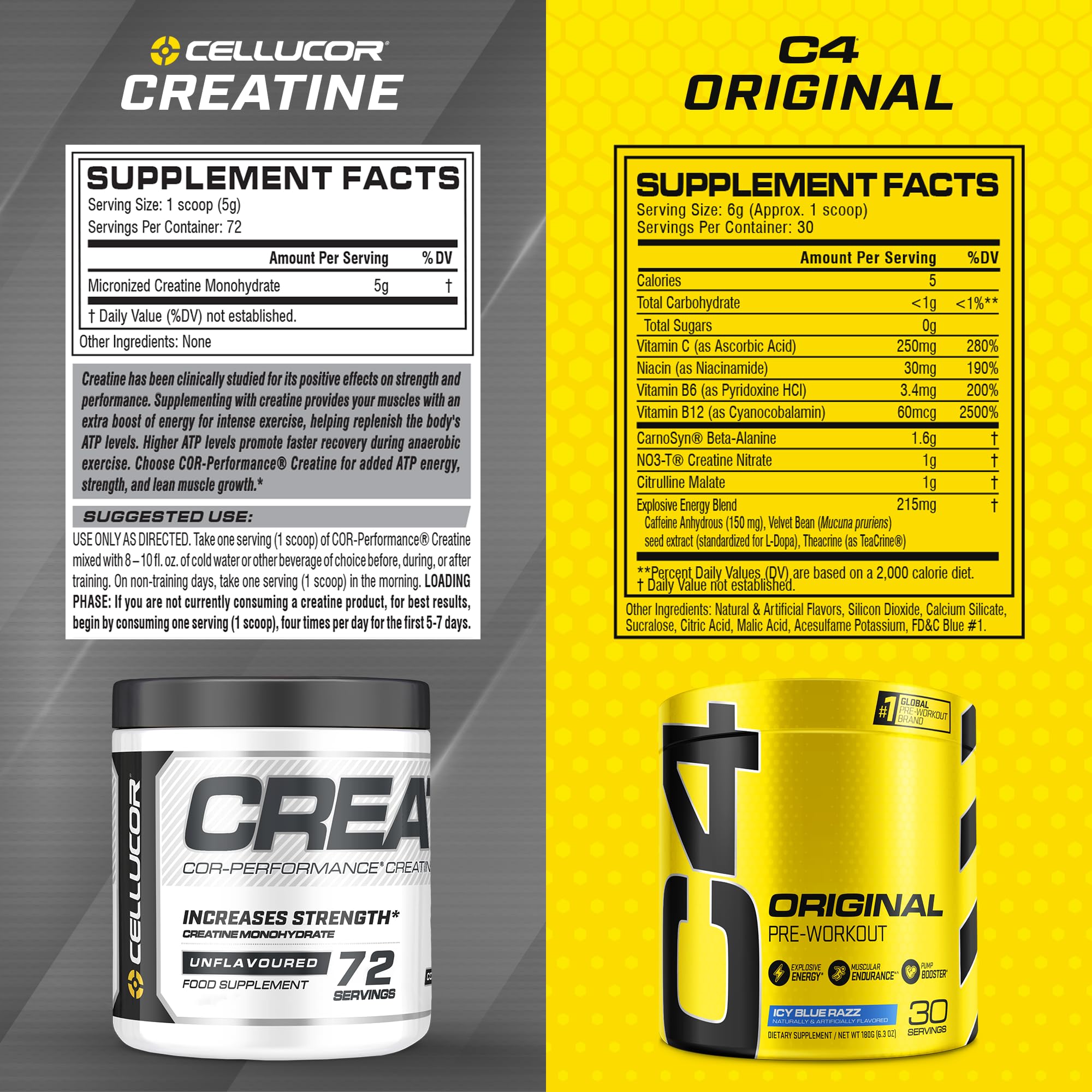 Cellucor Pre Workout & Creatine Bundle, C4 Original Pre Workout Powder, Icy Blue Razz Cellucor Au supplements