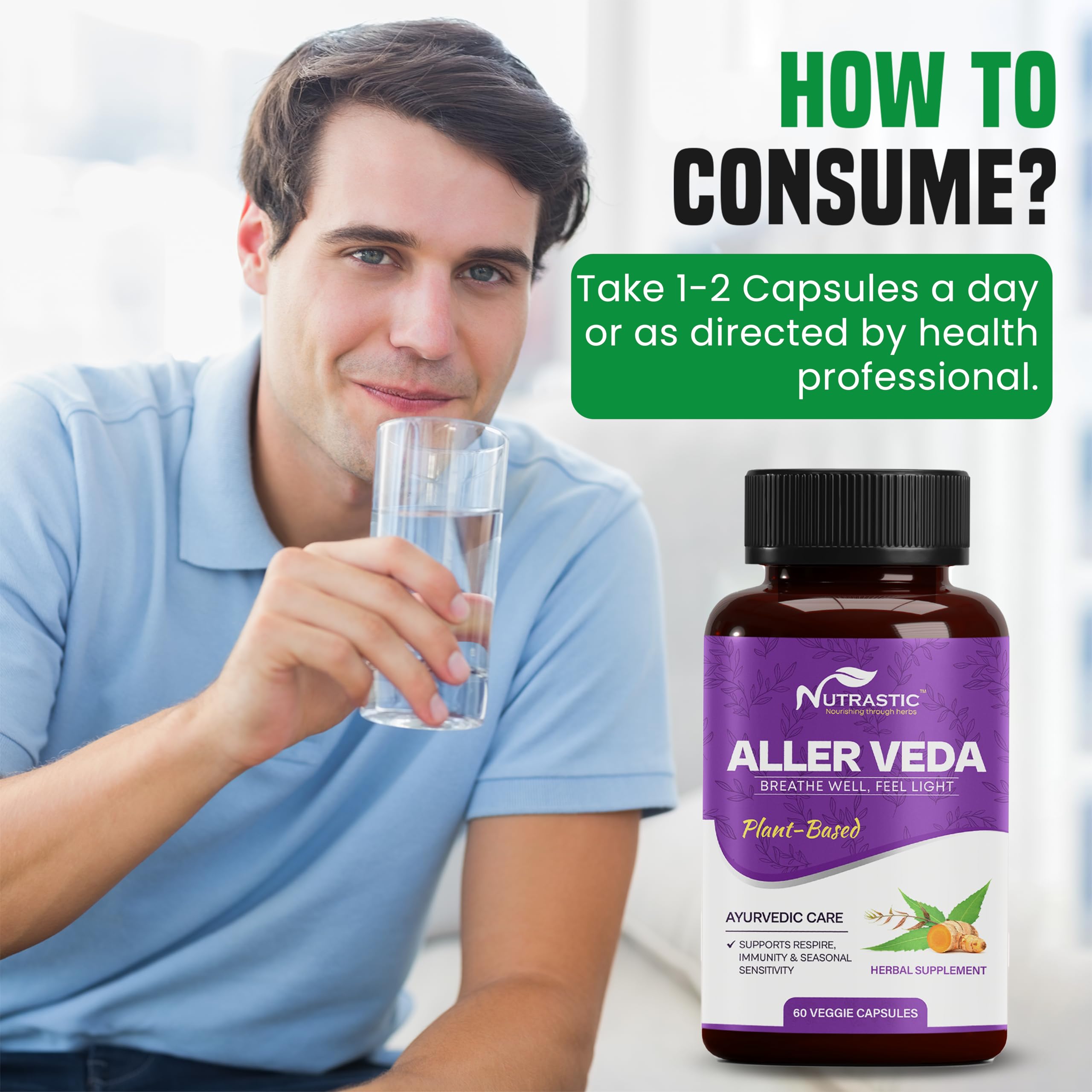 Nutrastic Aller Veda Respiratory Wellness Supplement with Pure Tulsi, Amla, Turmeric, and Neem | Natural Support for Healthy Breathing | 60 Caps Nutrastic Au supplements