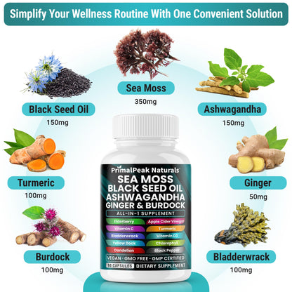 PrimalPeak Naturals Sea Moss Black Seed Oil Ashwagandha Ginger Burdock Bladderwrack Turmeric & Vitamin C Vitamin D3 with ACV Elderberry Chlorophyll Dandelion Yellow Dock Vegan Capsules - 60 Count PrimalPeak NaturalsAu supplements