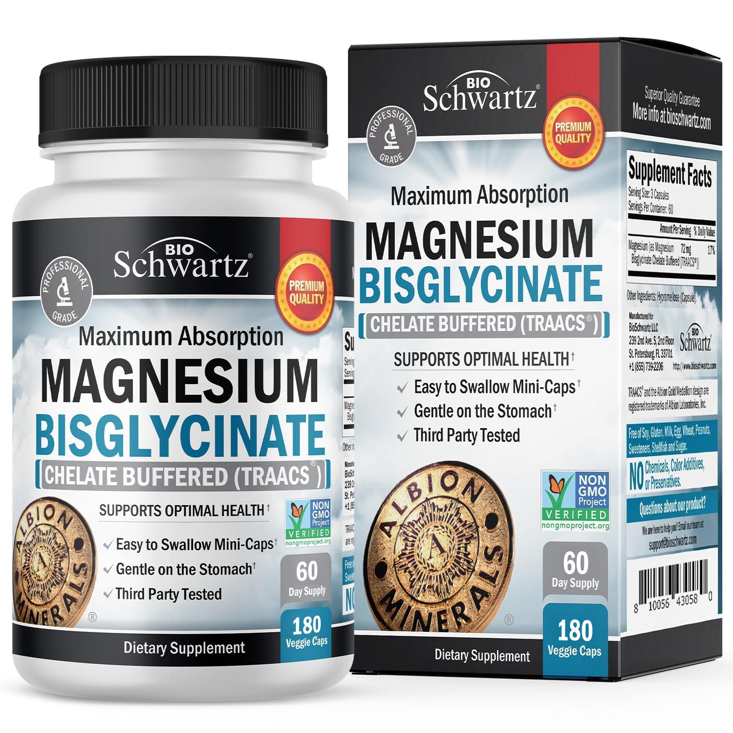 Magnesium Bisglycinate Chelated Supplement - High Absorption Magnesium Glycinate Supplement for Women and Men - Sleep, Muscle, Bone & Joint Support - Non-GMO, Non-Laxative Chelate - 180 Capsules BioSchwartz Au supplements
