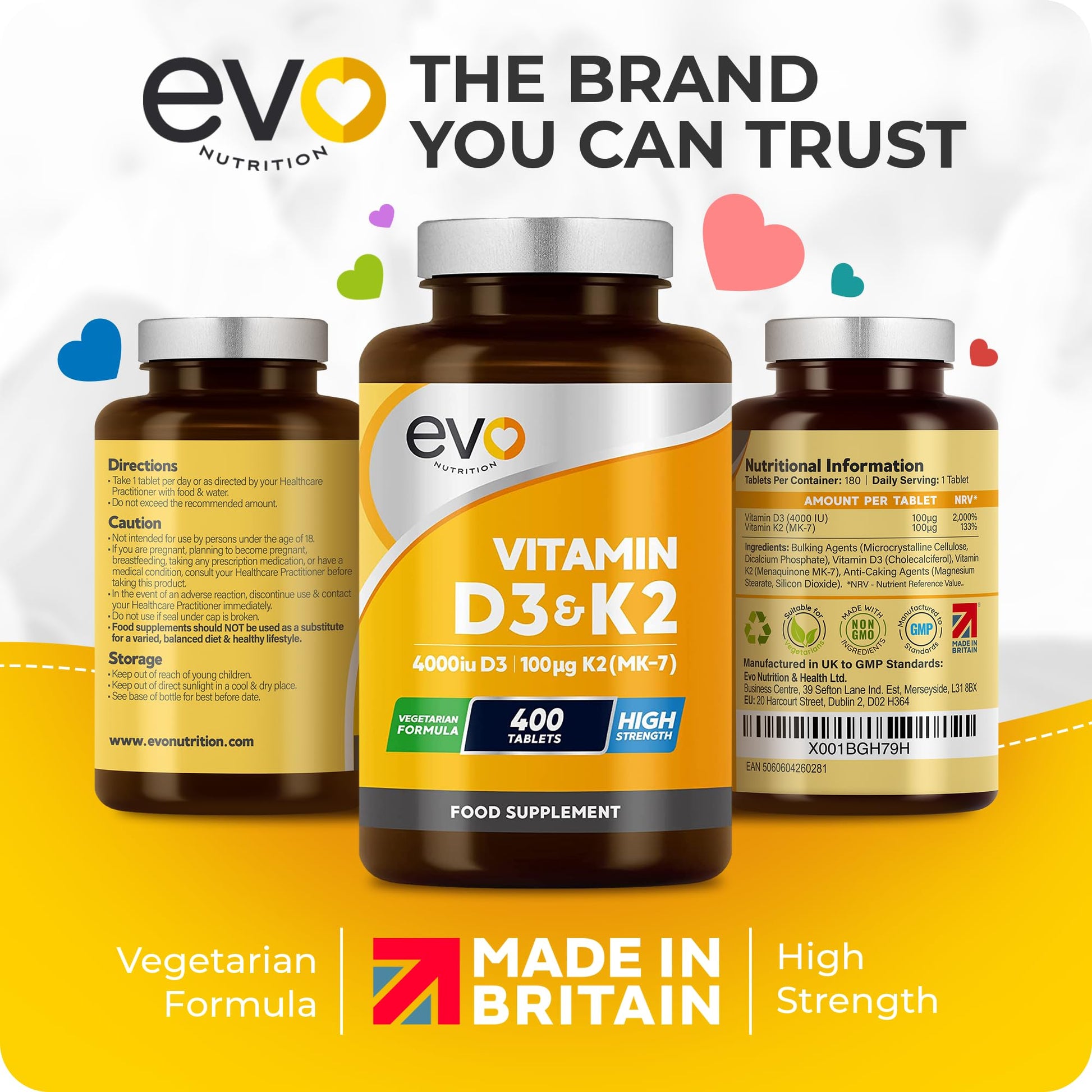 Vitamin D3 4000iu & Vitamin K2 100ug MK7 | 400 Vegetarian Tablets - 1 Year Supply EVO NUTRITION Au supplements
