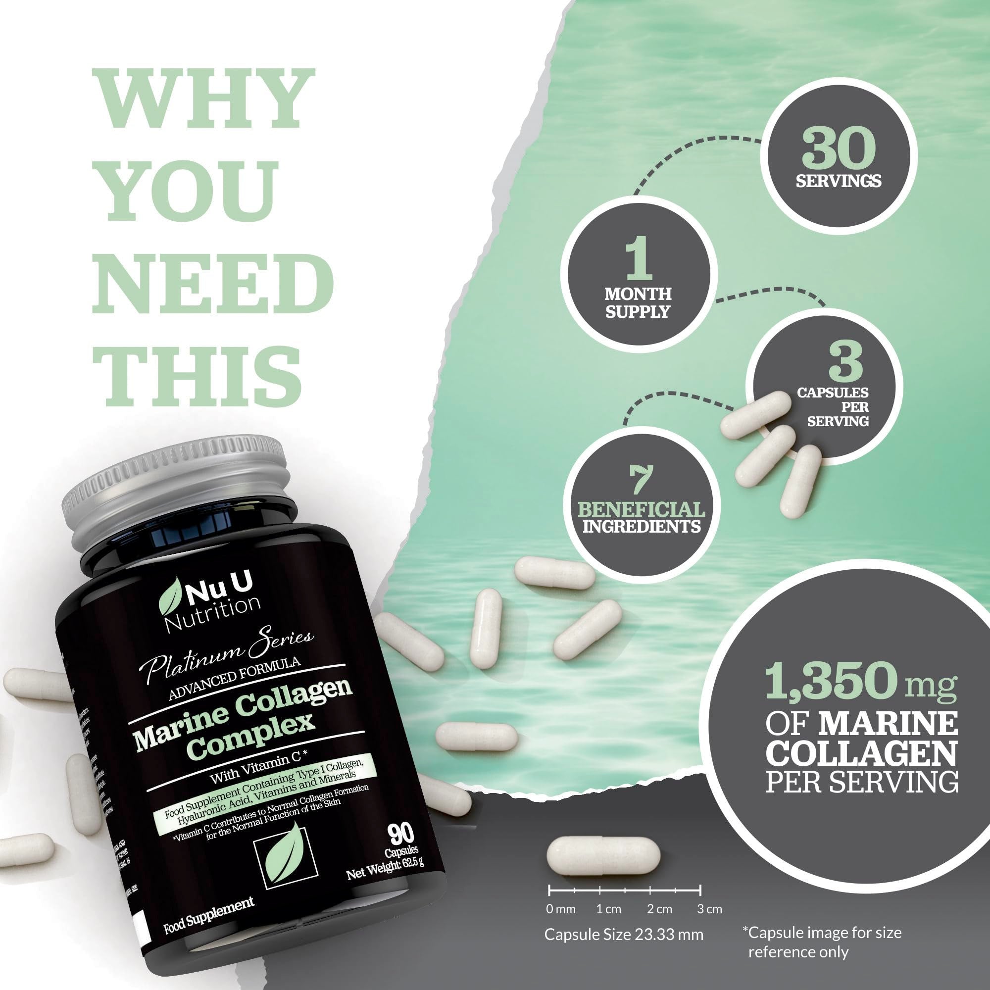 Marine Collagen with Hyaluronic Acid, Vitamin C - 90 Hydrolysed Capsules (not Tablets Nu U Nutrition Au supplements