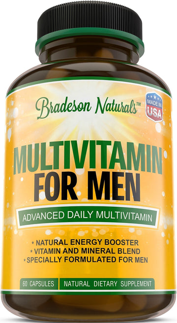 Bradeson Naturals Men's Multivitamin Supplement for Energy, Focus and Performance. Mens Vitamins A, C, D, E & B12, Zinc, Calcium, Magnesium & More. Multi Vitamin 60 Capsules Made in The USA Bradeson Naturals Au supplements