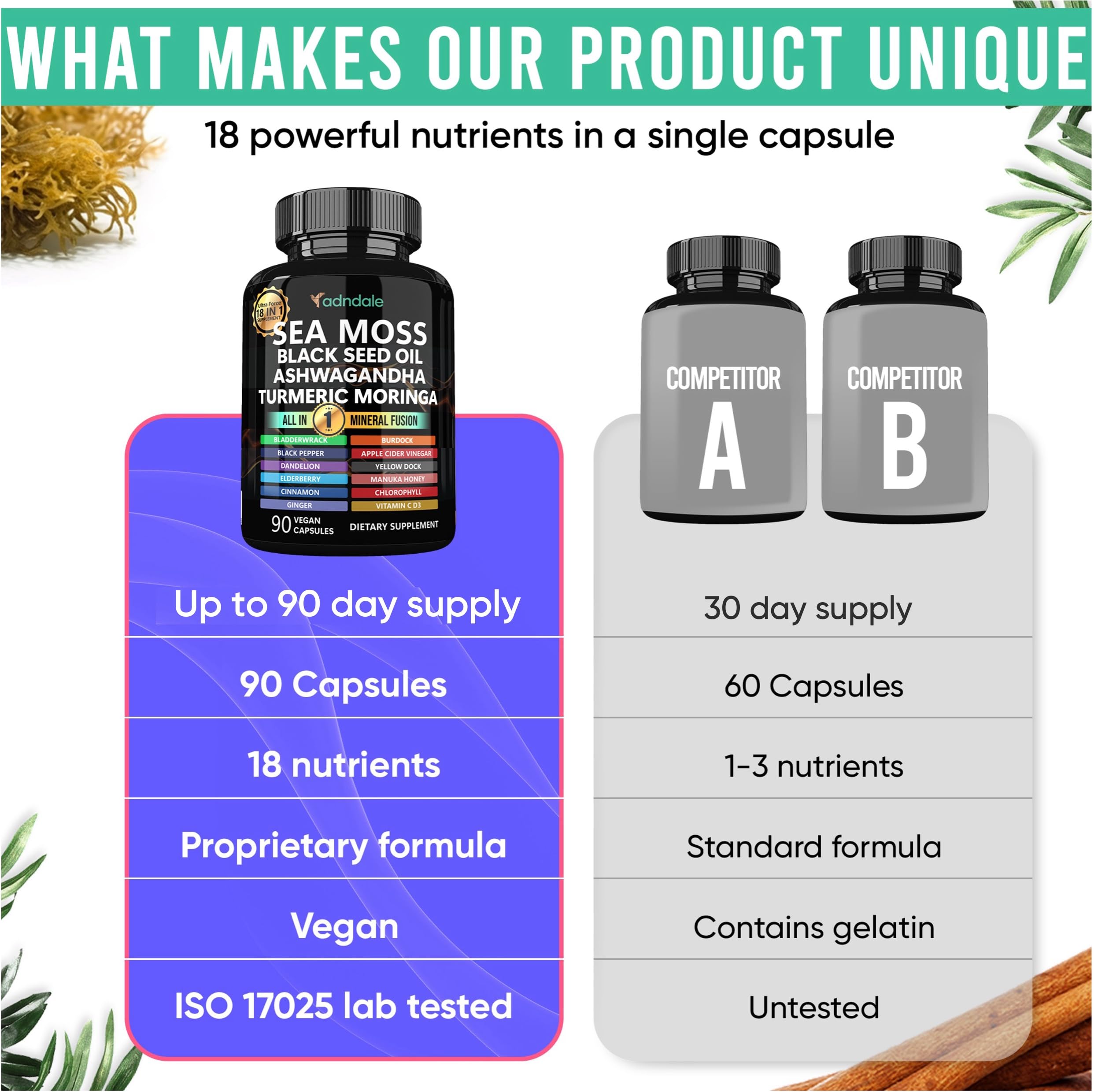 Adndale Sea Moss Capsules - Sea Moss Blend with Ashwagandha, Turmeric & Black Seed Oil - 180 Count Adndale Au supplements