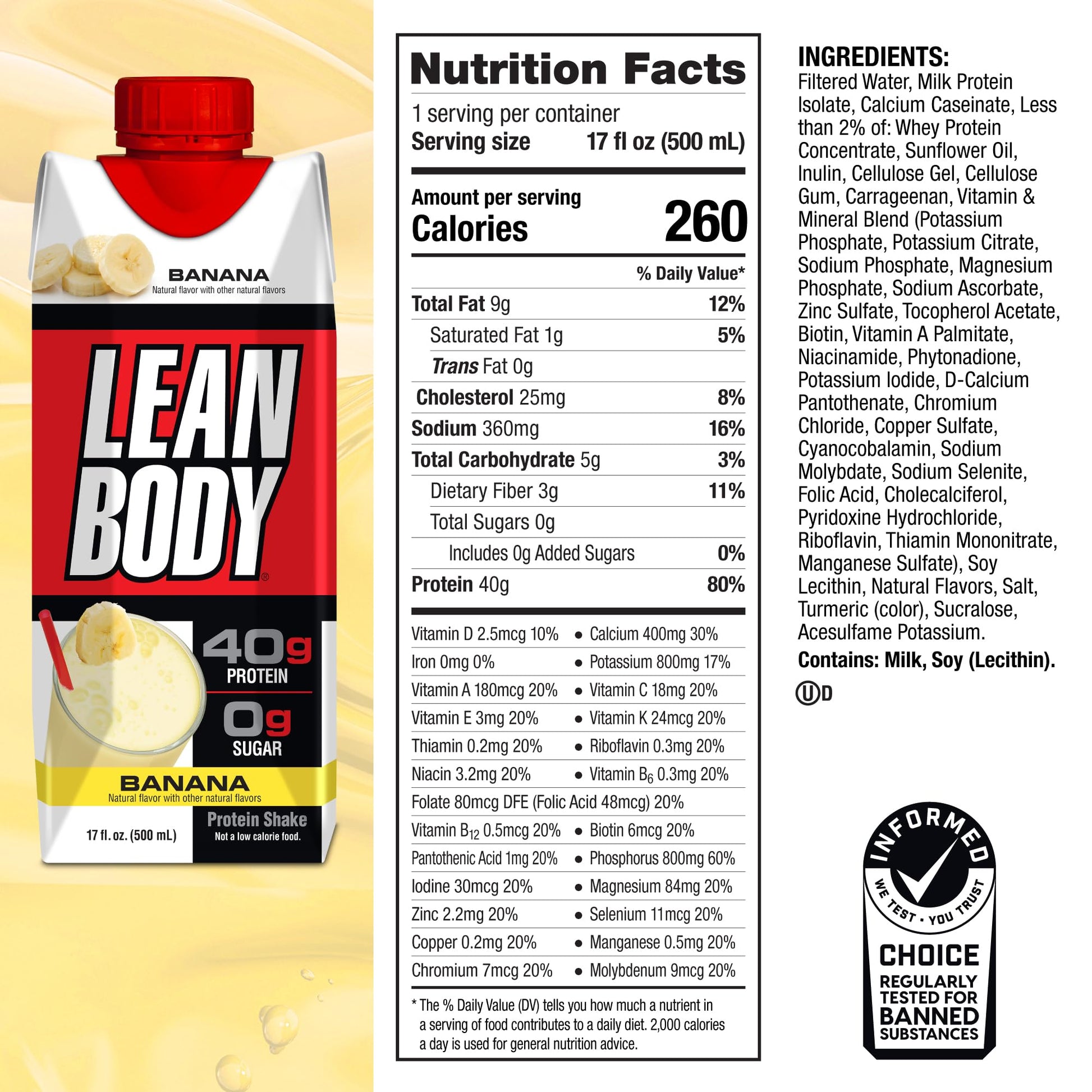 Lean Body Ready-to-Drink Banana Protein Shake, 40g Protein, Whey Blend, 0 Sugar Labrada Au supplements