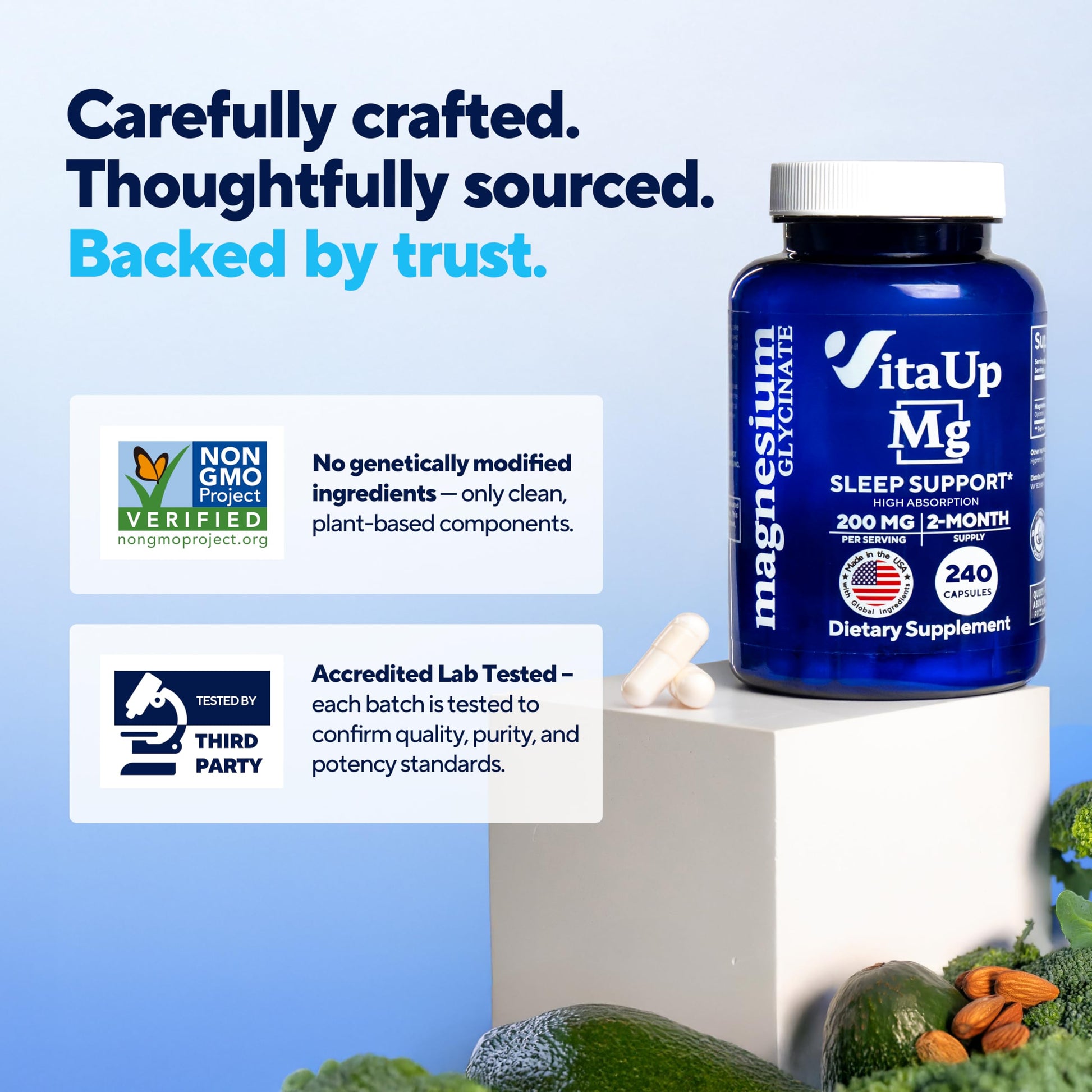 VitaUp Magnesium Glycinate 200mg - USA Made, Highly Absorbed, Non-GMO Magnesium for Relaxation, Deep Sleep, Bones & Heart - 200mg per Serving, 120 Vegan Capsules VitaUp Au supplements