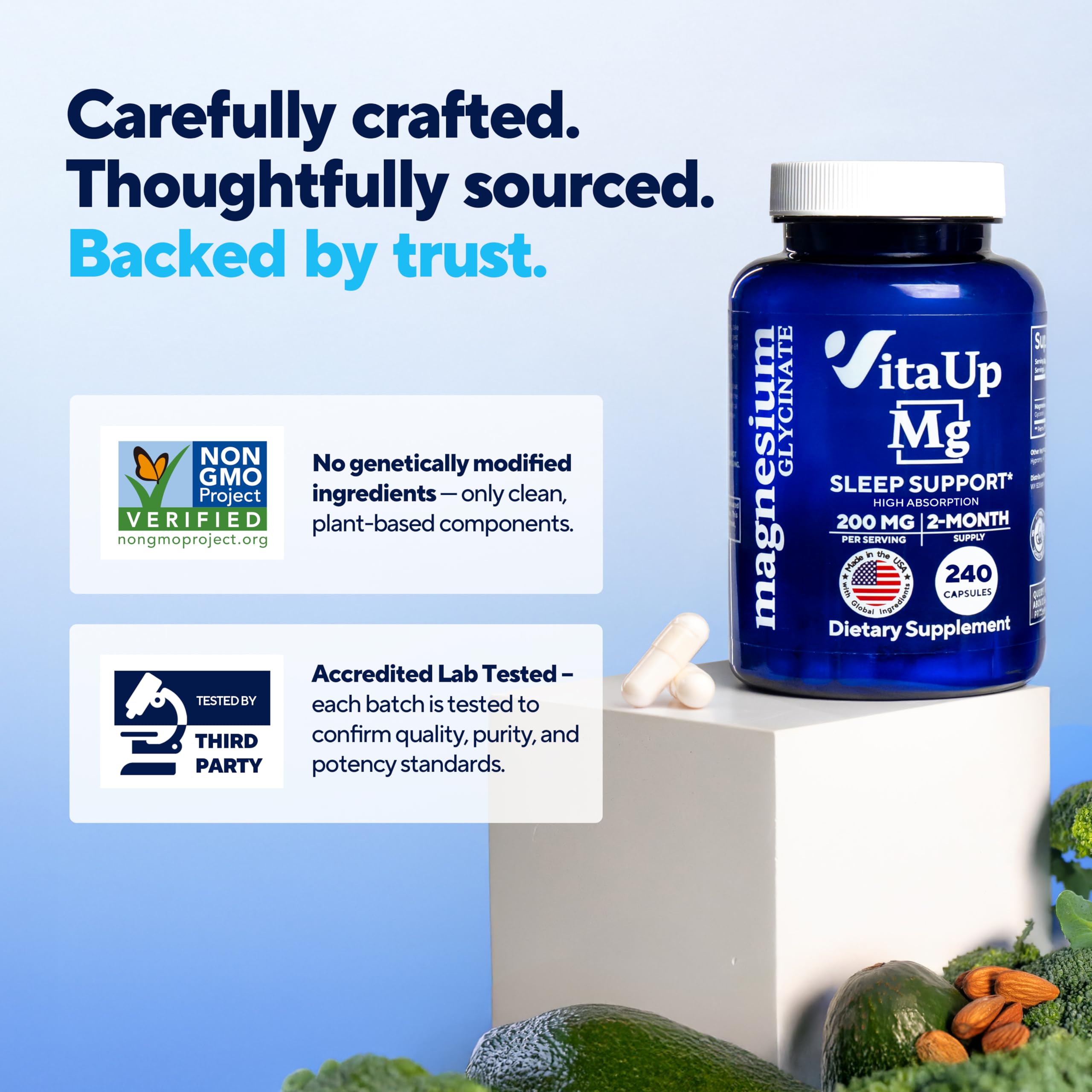 VitaUp Magnesium Glycinate 200mg - USA Made, Highly Absorbed, Non-GMO Magnesium for Relaxation, Deep Sleep, Bones & Heart - 200mg per Serving, 120 Vegan Capsules VitaUp Au supplements