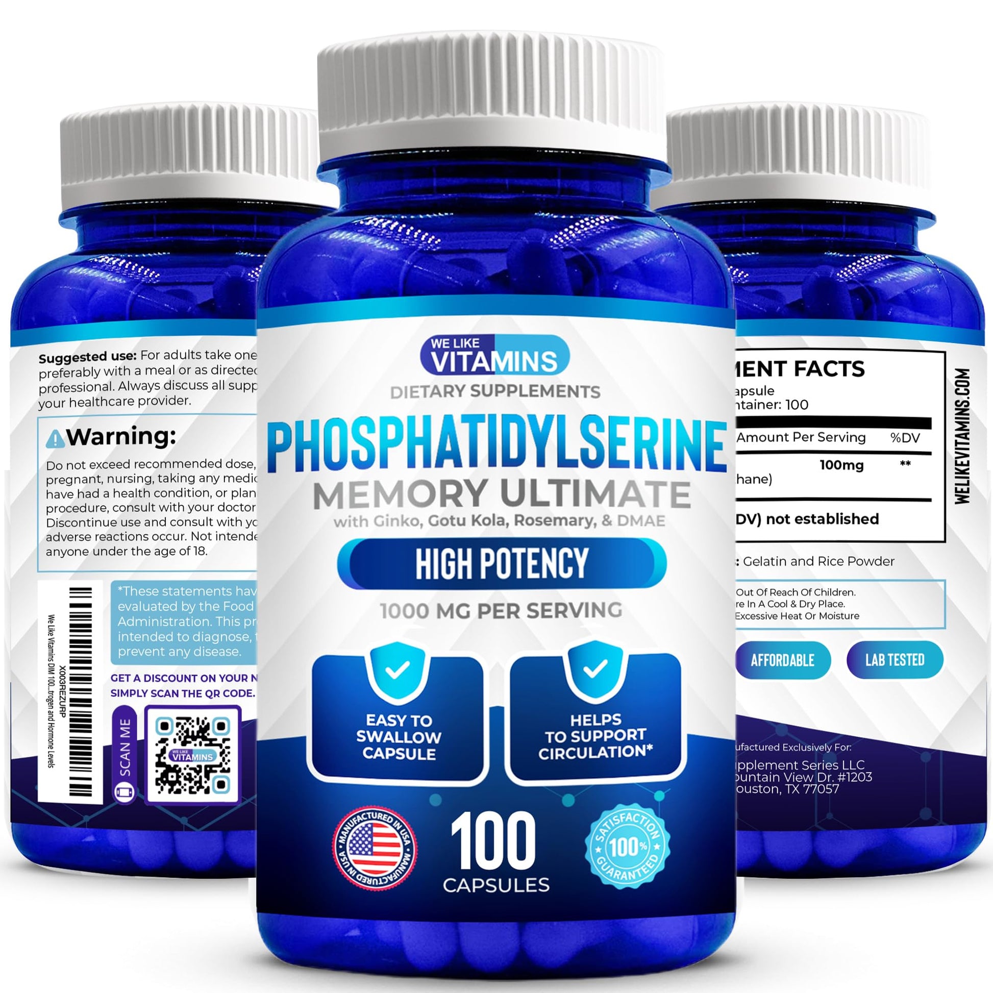 We Like Vitamins Phosphatidylserine Supplement with Gingko Biloba, Gotu Kola, DMAE - Improves Focus, Memory, Cognitive Function - Soy-Free 1000mg Memory Ultimate Complex - 100 Easy-to-Swallow Capsules We Like Vitamins Au supplements
