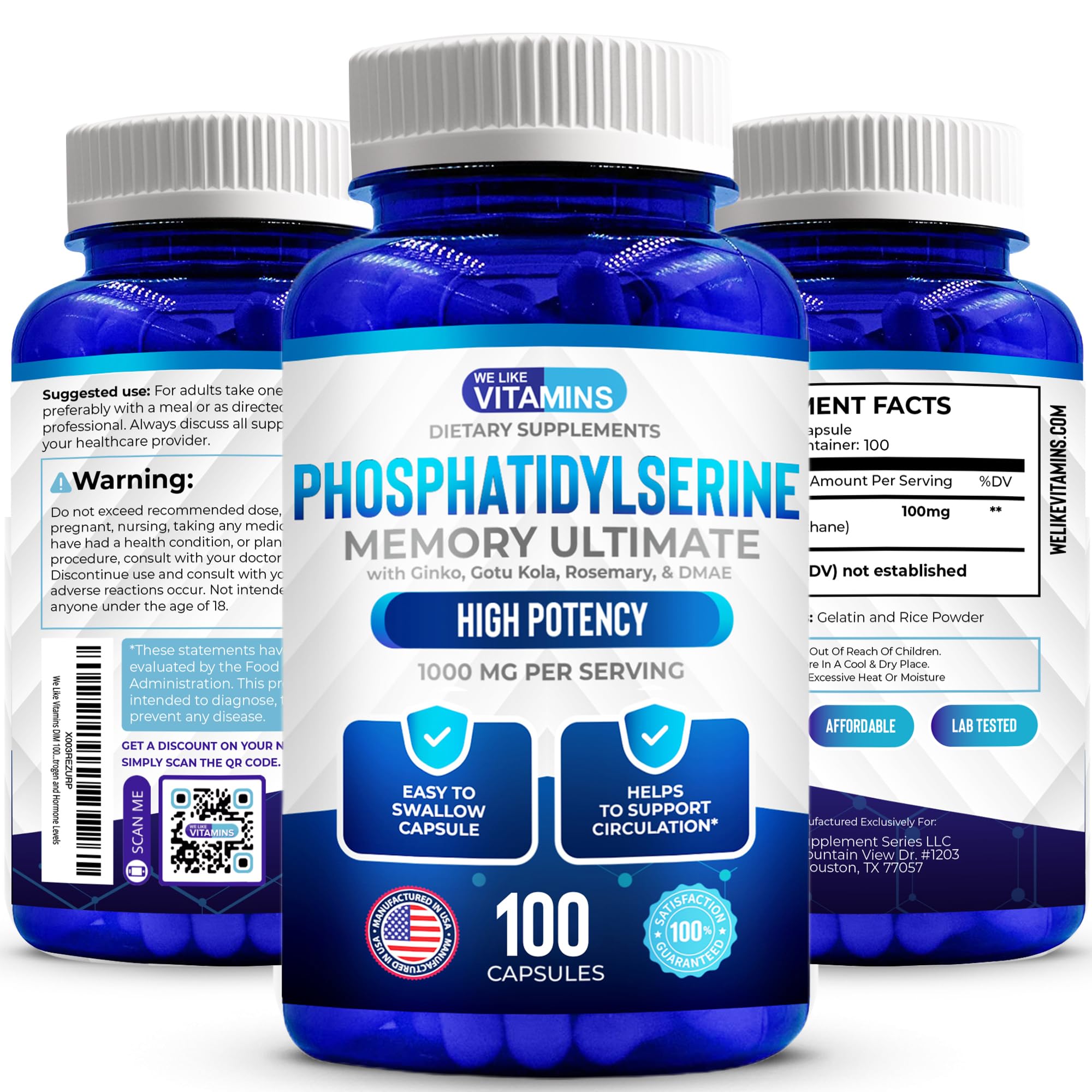 We Like Vitamins Phosphatidylserine Supplement with Gingko Biloba, Gotu Kola, DMAE - Improves Focus, Memory, Cognitive Function - Soy-Free 1000mg Memory Ultimate Complex - 100 Easy-to-Swallow Capsules We Like Vitamins Au supplements