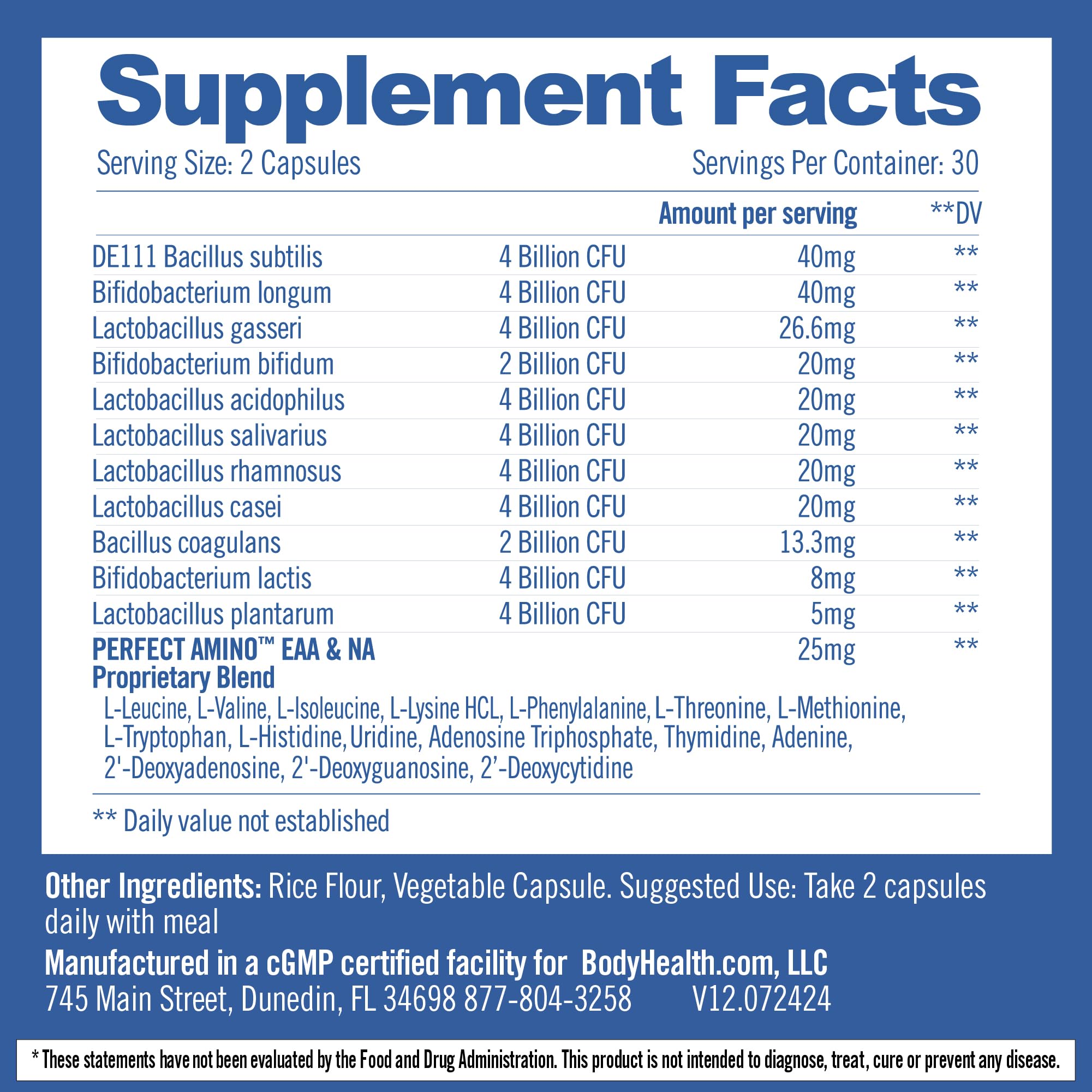 BodyHealth Probiotic Enhanced with PerfectAmino for Women and Men, Spore Based with Bifidobacterium, Lactobacillus Salivarius, Lactobacillus Acidophilus - 60 Capsules BodyHealth Au supplements
