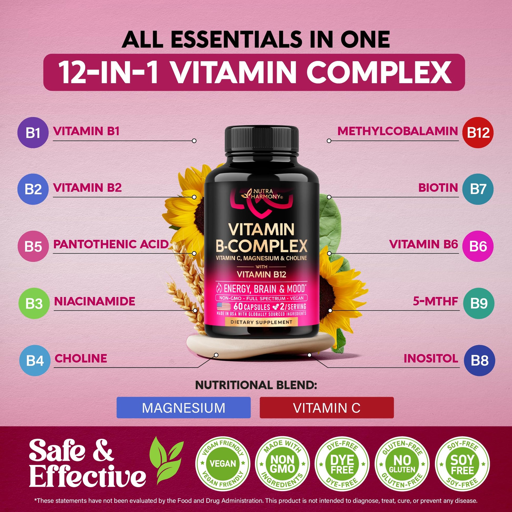 Vitamin B Complex for Men & Women - Riboflavin B2, B12, B1, B3, B5, B6, B7, B8, B9 | Vitamin C, Choline, Inositol - B-Complex Supplement - Energy, Brain & Heart Support - Made in USA, 60 Vegan Caps NUTRAHARMONY Au supplements