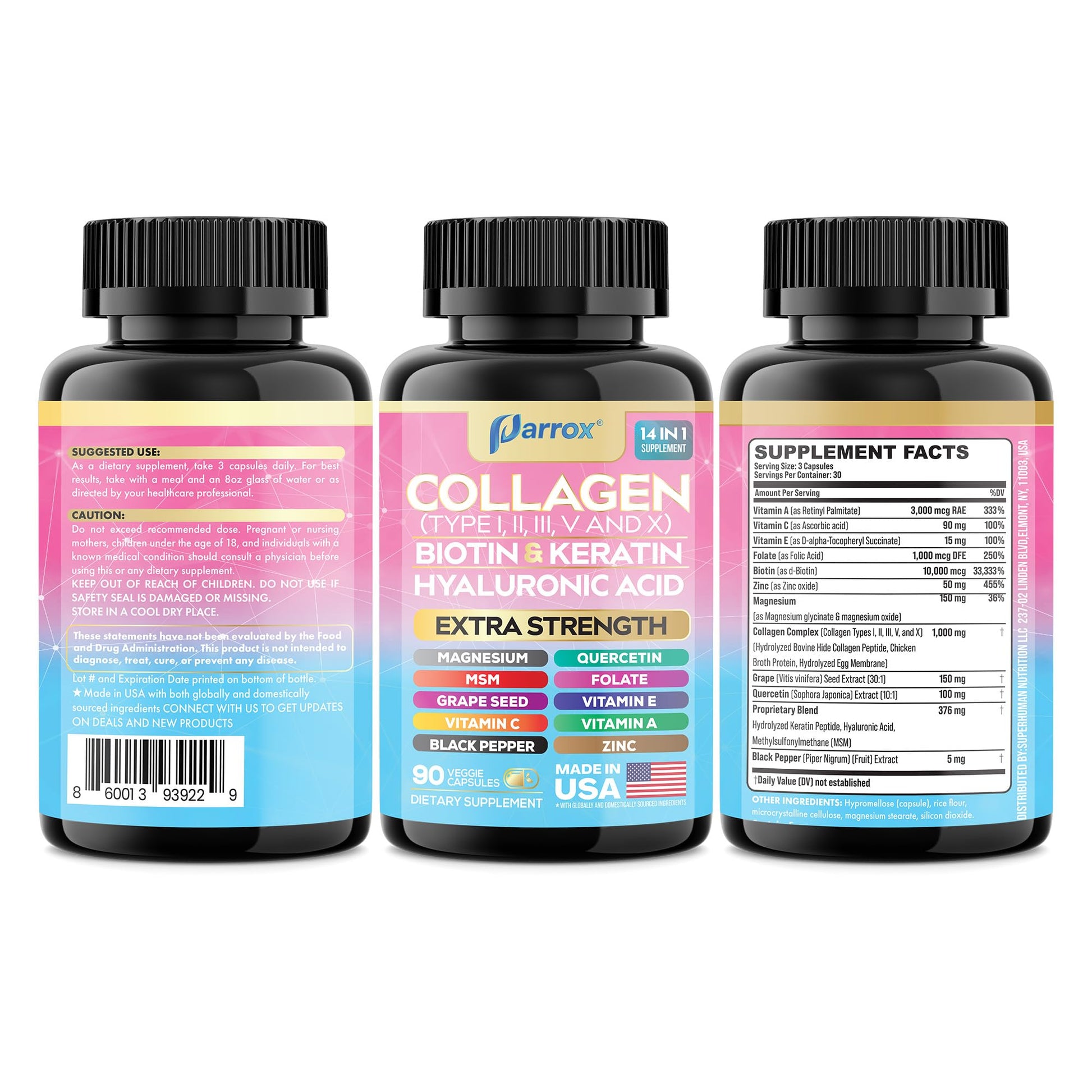 Parrox Collagen Peptides Types I, II, III, V & X, MCG Biotin, Keratin, Hyaluronic Acid, MSM, Zinc, Grape Seed Extract, Quercetin, Vitamin A, Vitamin C, Vitamin E, Magnesium, Folic Acid (90 Capsules) Parrox Au supplements