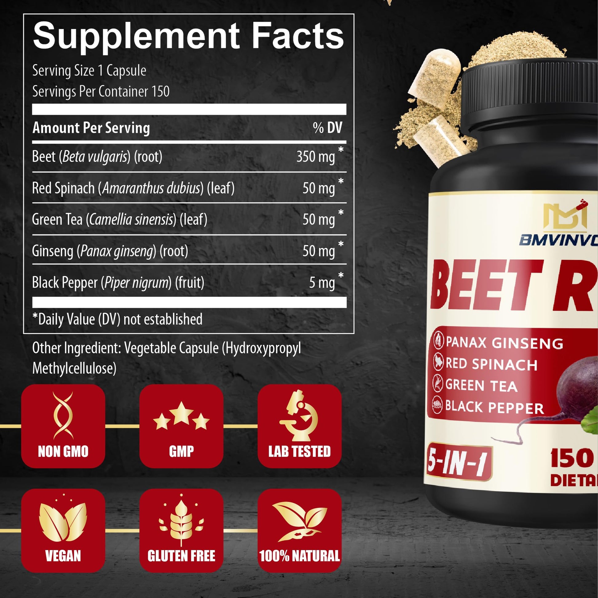Beet Root, Green Tea, Red Spinach, Ginseng, Black Pepper - 150 Capsules - Supports Digestive, Immune System, Energy Levels - 5 Month Supply BMVINVOL Au supplements