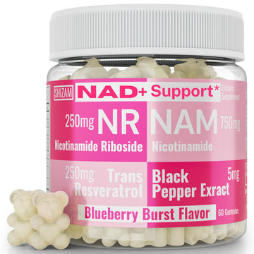 SHIZAM Nicotinamide Riboside NR NAM Resveratrol Gummies, 1000mg NAD+ NAD + Plus Nrf2 Activator Booster w Pure Niacinamide Vitamins B3 Capsules Pills Powder Supplements Alt NDA Regenerator 500mg SHIZAM Au supplements