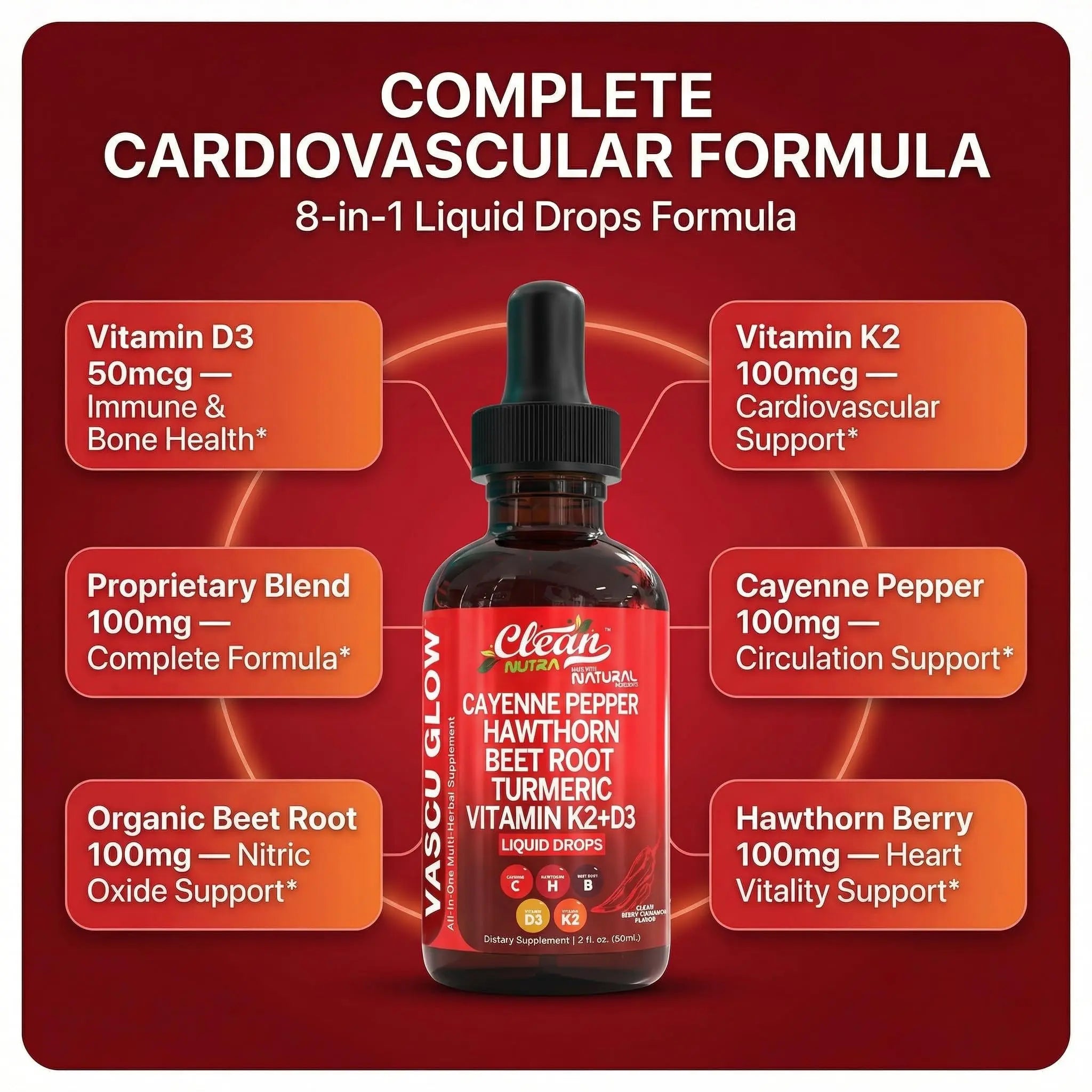Clean Nutra Cayenne Pepper Drops Supplement Liquid + Hawthorn Berry, Vitamin D3 K2 Beet Root Powder, Ceylon Cinnamon, Turmeric Curcumin, Organic Panax Ginseng, Berberine Extract 1 Pack Clean Nutraceuticals Au supplements