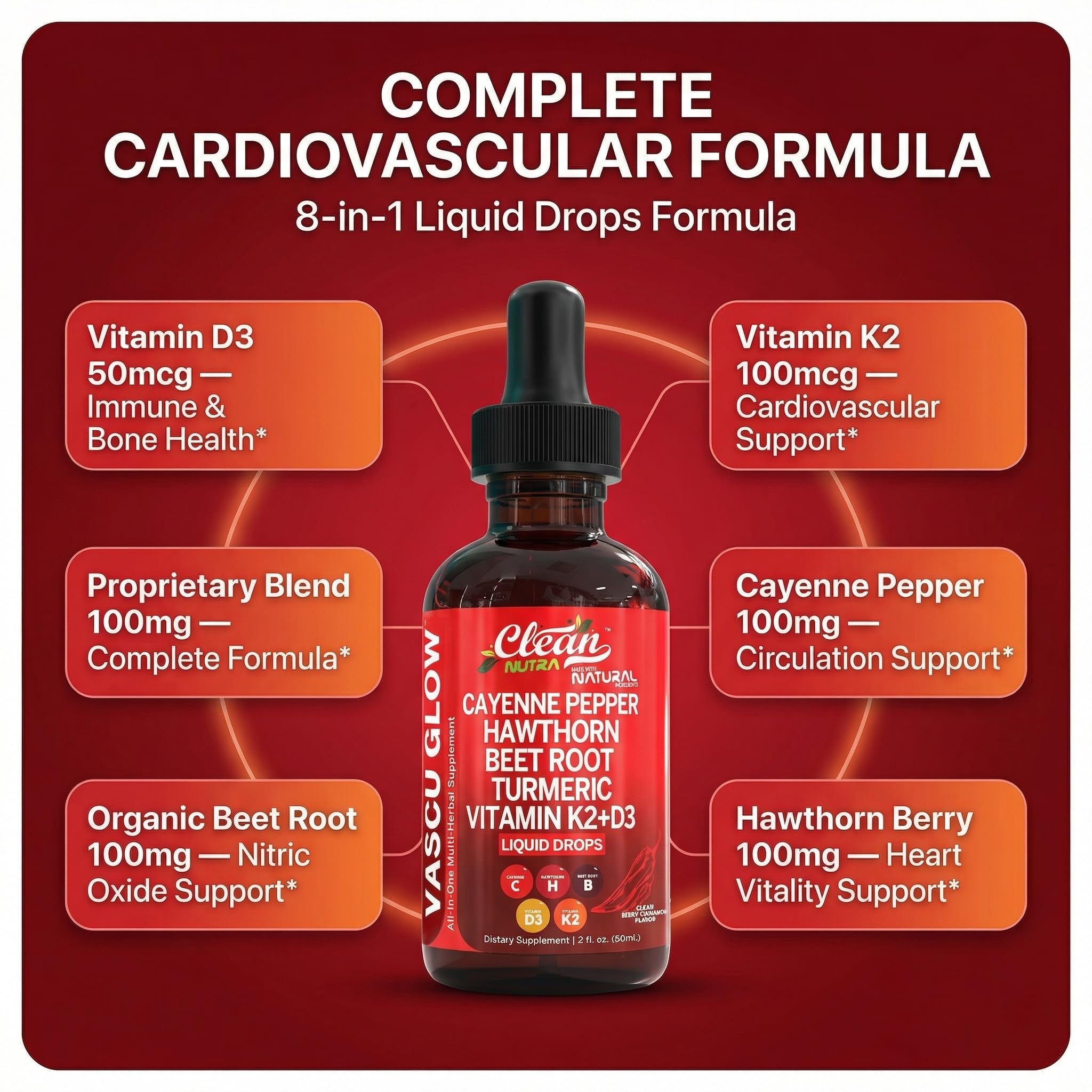 Clean Nutra Cayenne Pepper Drops Supplement Liquid + Hawthorn Berry, Vitamin D3 K2 Beet Root Powder, Ceylon Cinnamon, Turmeric Curcumin, Organic Panax Ginseng, Berberine Extract 1 Pack Clean Nutraceuticals Au supplements