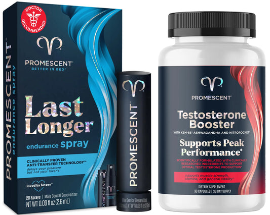 Promescent Desensitizing Delay Spray for Men Clinically Proven to Help You Last Longer in Bed, Prolong Climax for Him, 2.6 ml + Testosterone Booster for Men Supplement with KSM-66 Ashwagandha PromescentAU supplements