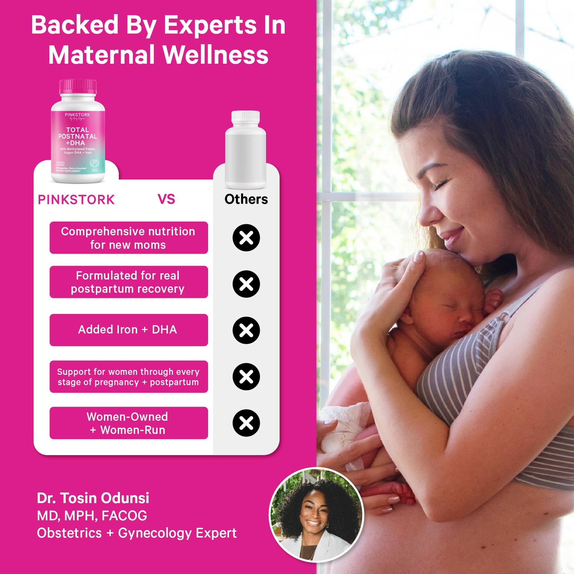Pink Stork Total Postnatal Vitamins for Women | Vegan DHA, Iron, Folate, B12 | Postpartum Recovery Essentials | Lactation Support for Breastfeeding Moms | Third-Party Tested - 60 Capsules, Berry Pink Stork Au supplements