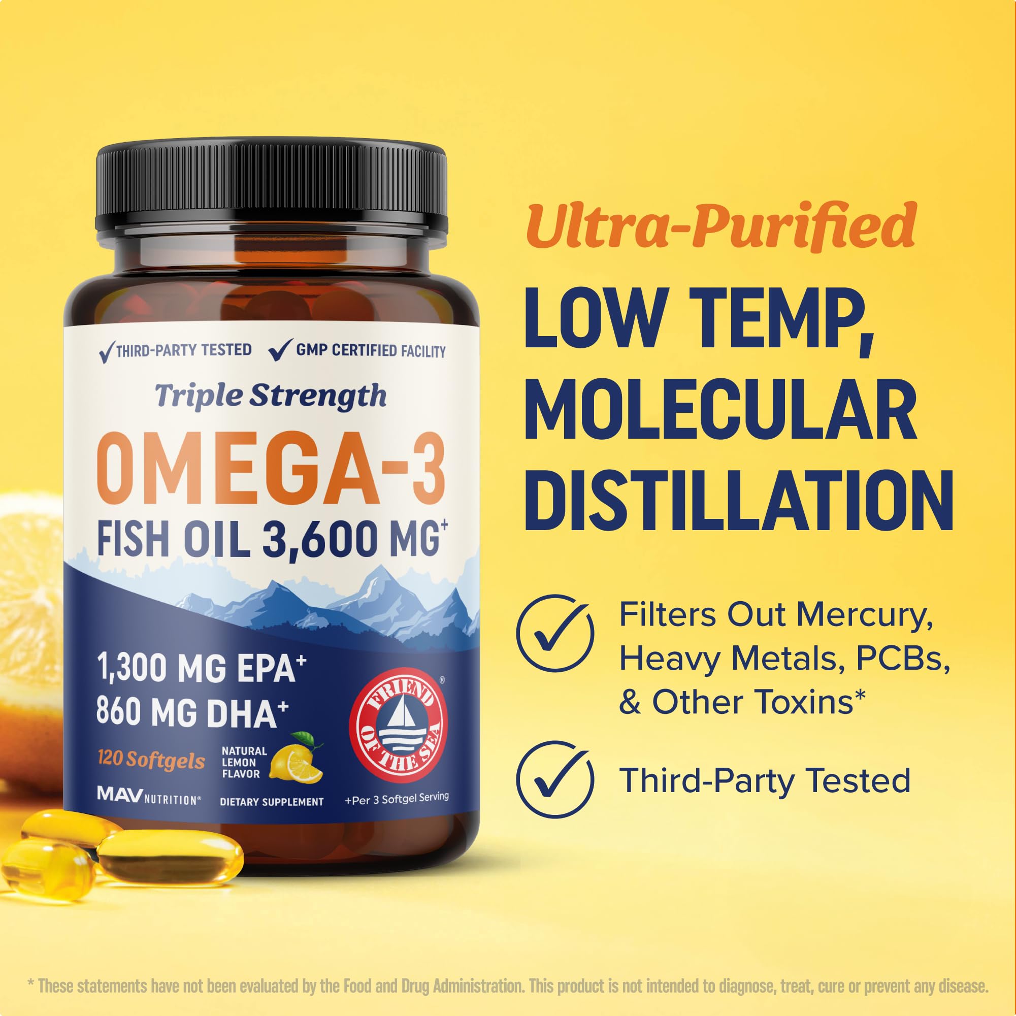 Triple Strength DHA Omega 3 Fish Oil 3600 mg | Over 2100mg Omega-3 Fatty Acids with 860mg of DHA | 1300mg EPA | Best Essential Fatty Acids | Premium Wild Caught & Burpless Fish Oil | 120 ct. MAV NUTRITION Au supplements
