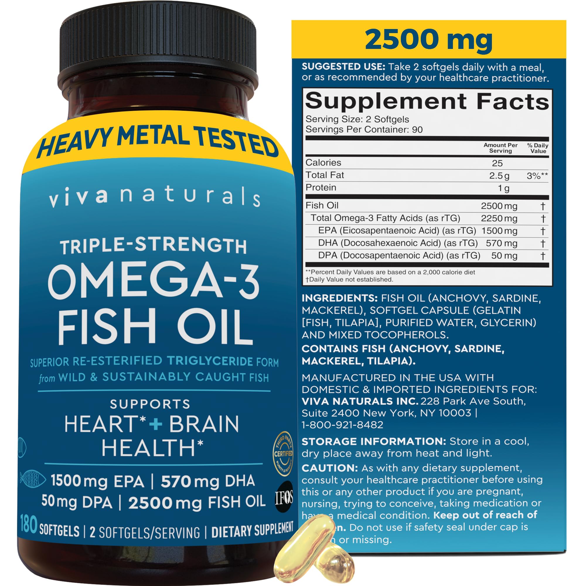 Triple Strength Fish Oil Omega 3 Supplements for Women and Men – 2500 mg High-Potency, Easy-to-Absorb Re-esterified Triglyceride Form, Pescatarian-Friendly DPA Omega 3 EPA DHA Supplement,180 Softgels Viva Naturals Au supplements