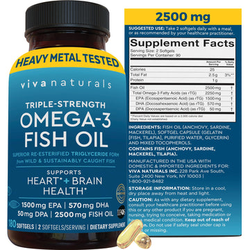 Triple Strength Fish Oil Omega 3 Supplements for Women and Men – 2500 mg High-Potency, Easy-to-Absorb Re-esterified Triglyceride Form, Pescatarian-Friendly DPA Omega 3 EPA DHA Supplement,180 Softgels Viva Naturals Au supplements