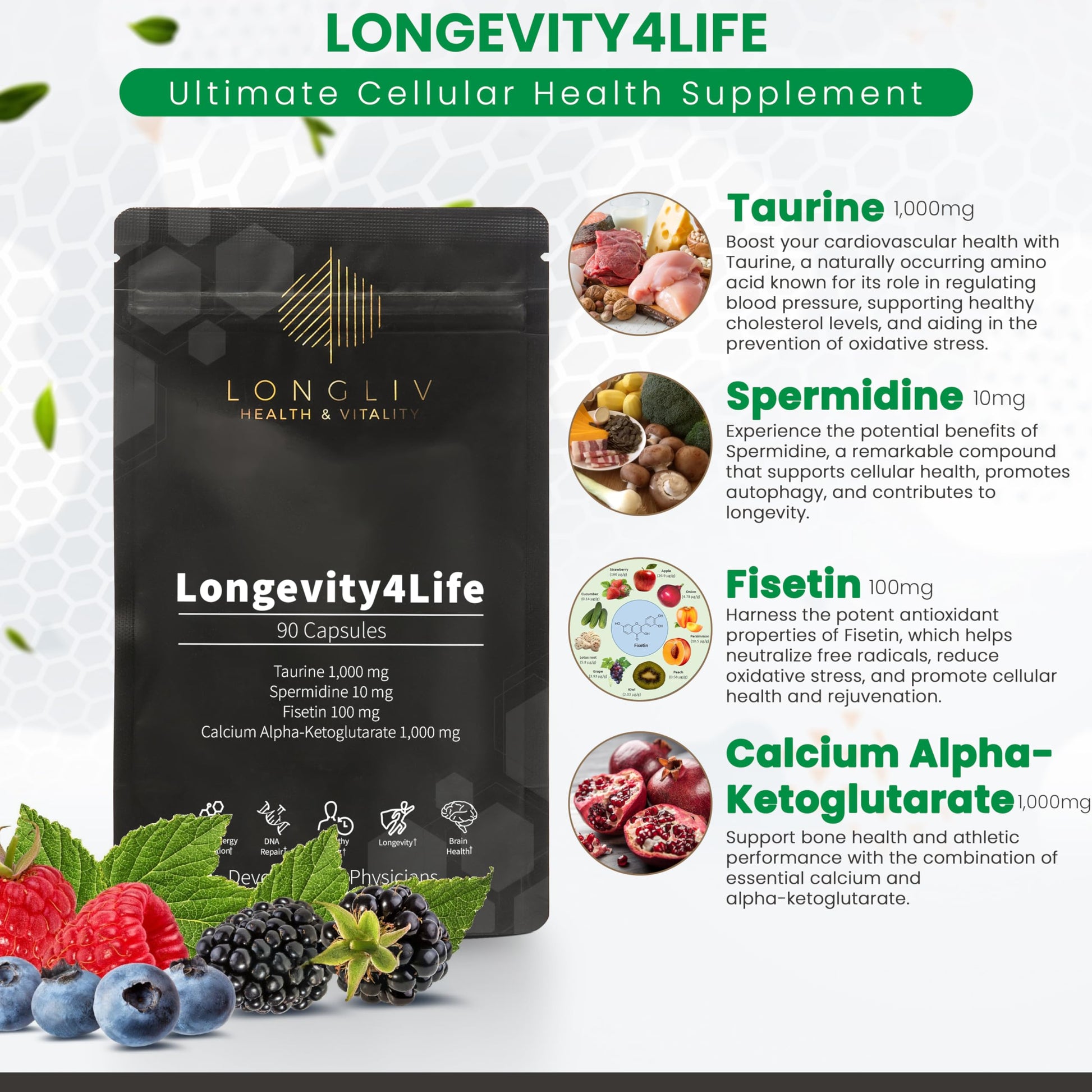 Longevity4Life - Ultimate Cellular Health Supplement - Fisetin, Taurine, Calcium Alpha-Ketoglutarate, and Spermidine Capsules for Longevity and Vitality - Made in USA - Physician Formulated LongLiv Health and Vitality Au supplements
