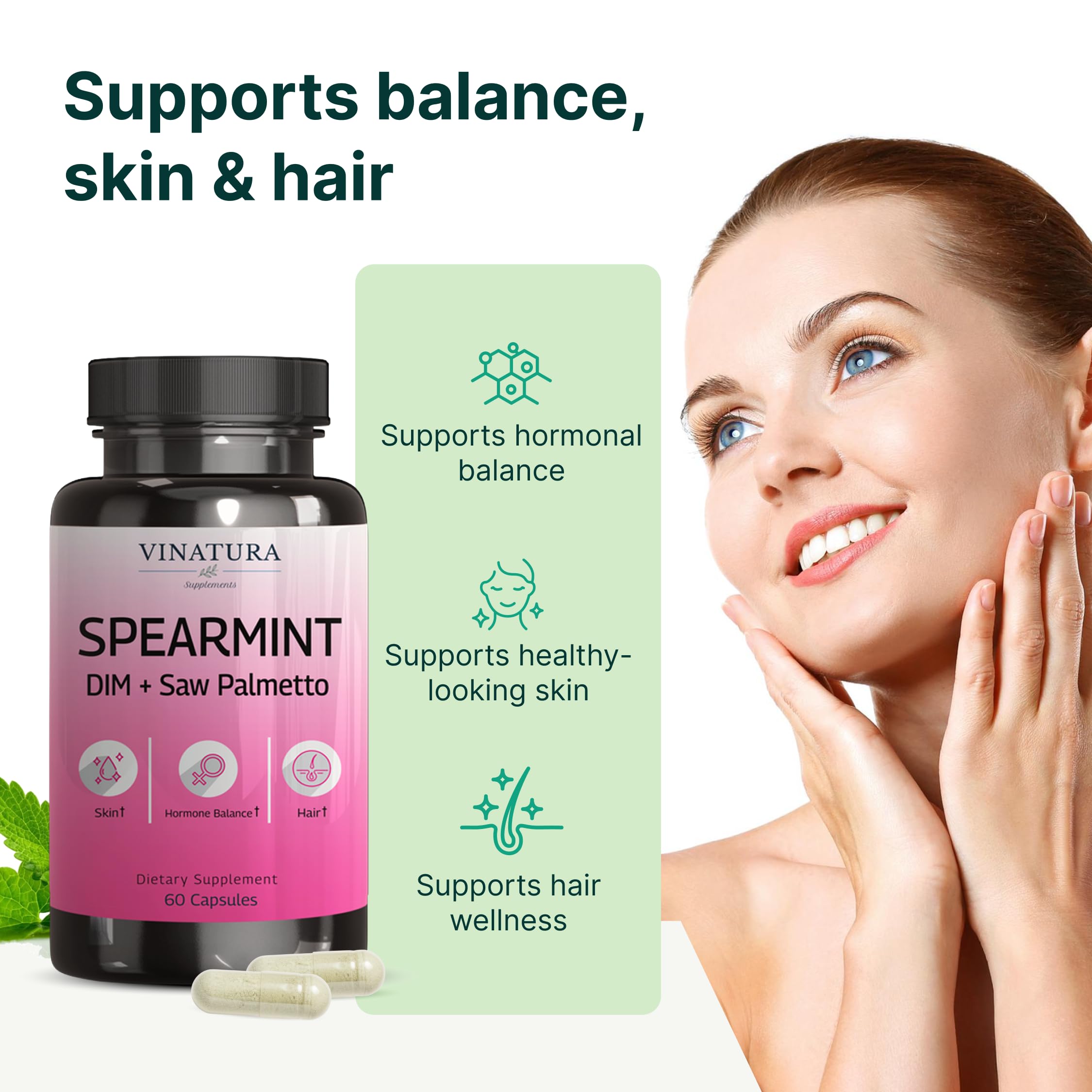 VINATURA Spearmint Leaf Capsules Supplement - Enhanced with DIM & Saw Palmetto, for Unwanted Hair, Women' Health & Skin *USA Made & Tested* - 1380mg/serving, 60 Capsules (30 Servings) VINATURA Au supplements