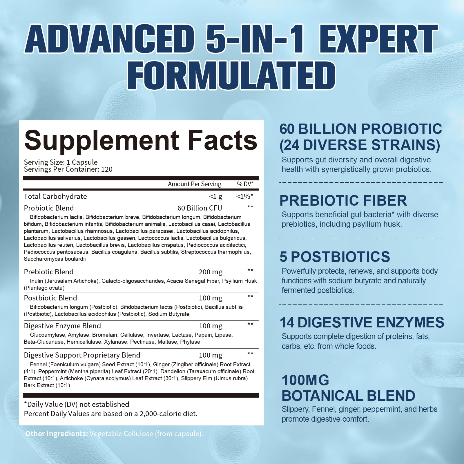 Totaria 5-in-1 Probiotic Prebiotic & Postbiotic for Women Men, 60 Billion CFU 24 Strains w/Digestive Enzymes, Prebiotic Fiber, Slippery Elm, Daily Complete Immune, Gut Health, 120 Day Supply Totaria Au supplements