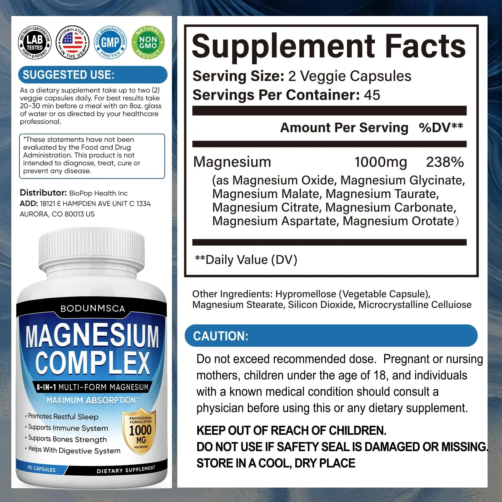 Magnesium Complex, 8 in 1, 1000mg-Glycinate, Citrate, Malate for Easy Absorption, Full Spectrum Magnesium Complex,Supports Relaxation, Sleep & Muscle Function, Magnesio Complex for Women, 180 Capsules BODUNMSCA Au supplements