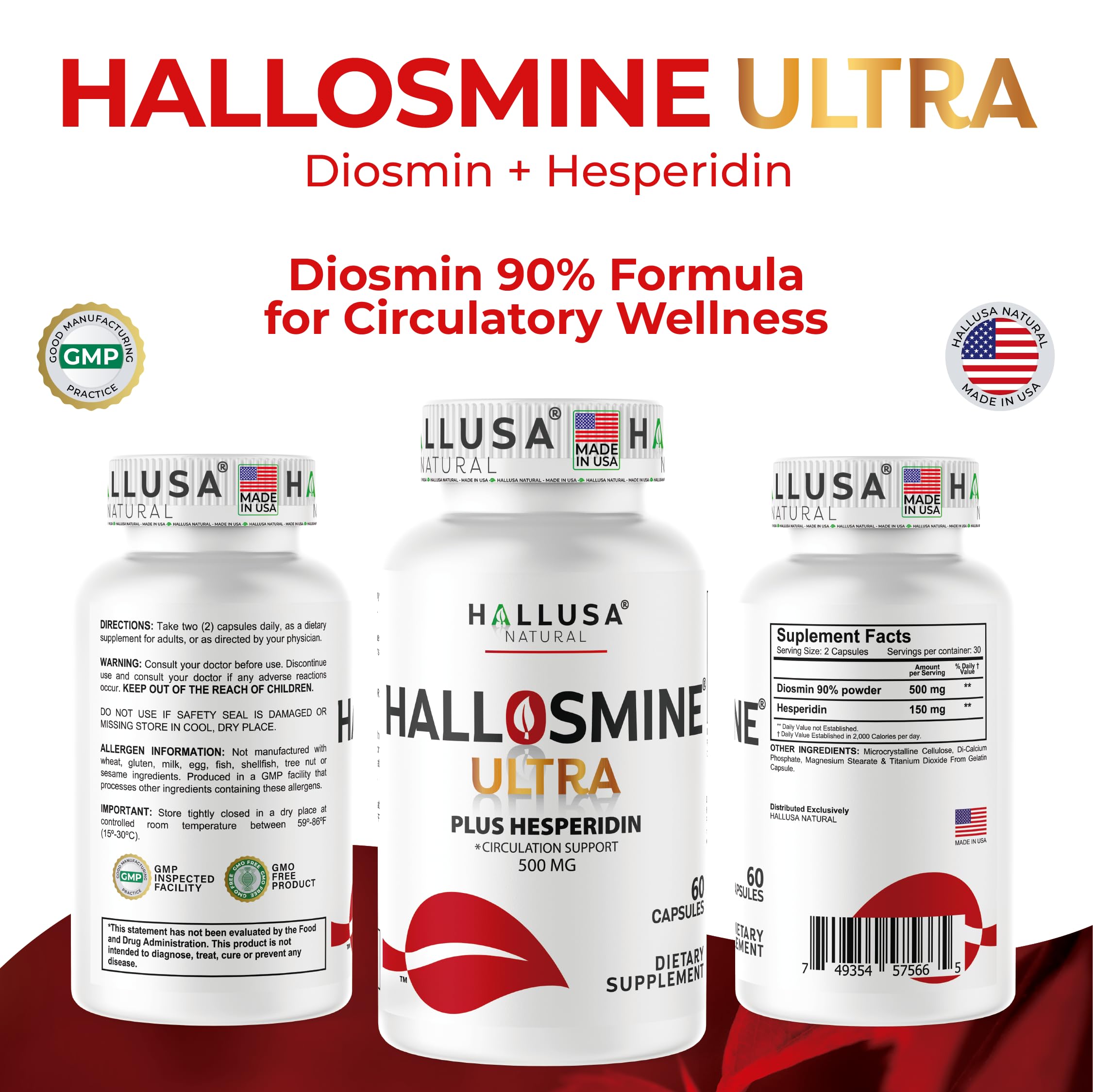 Hallusa Natural Hallosmine Ultra Diosmin 500mg & Hesperidin 150mg – Heavy Legs, Swelling & Vein - Blood Circulation Supplements, 60 Caps Hallusa Natural Au supplements