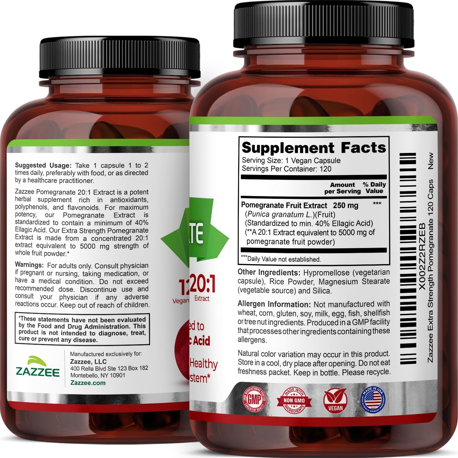 Zazzee Extra Strength Pomegranate 20:1 Extract, 40% Ellagic Acid, 120 Vegan Capsules, 4 Month Supply, Punica Granatum, Antioxidant & Cellular Health Support, Non-GMO, Made in the USA Zazzee Au supplements