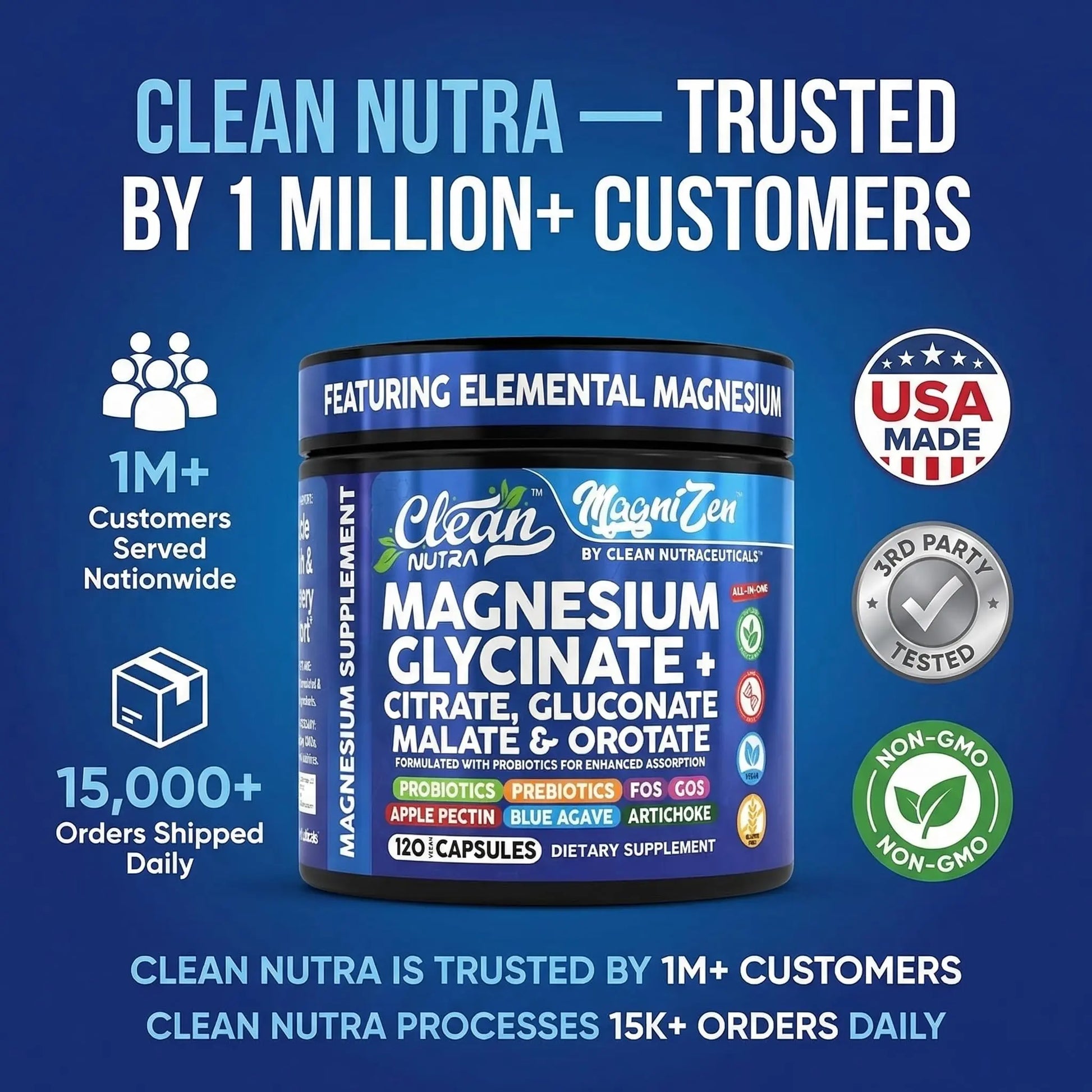 Clean Nutra Magnesium Glycinate Citrate Malate Orotate Taurate Supplement Complex + 10 Strain Probiotic Prebiotics FOS GOS Inulin Sleep Calm Support Apple Pectin – 120 Vegan Capsules Clean Nutraceuticals Au supplements