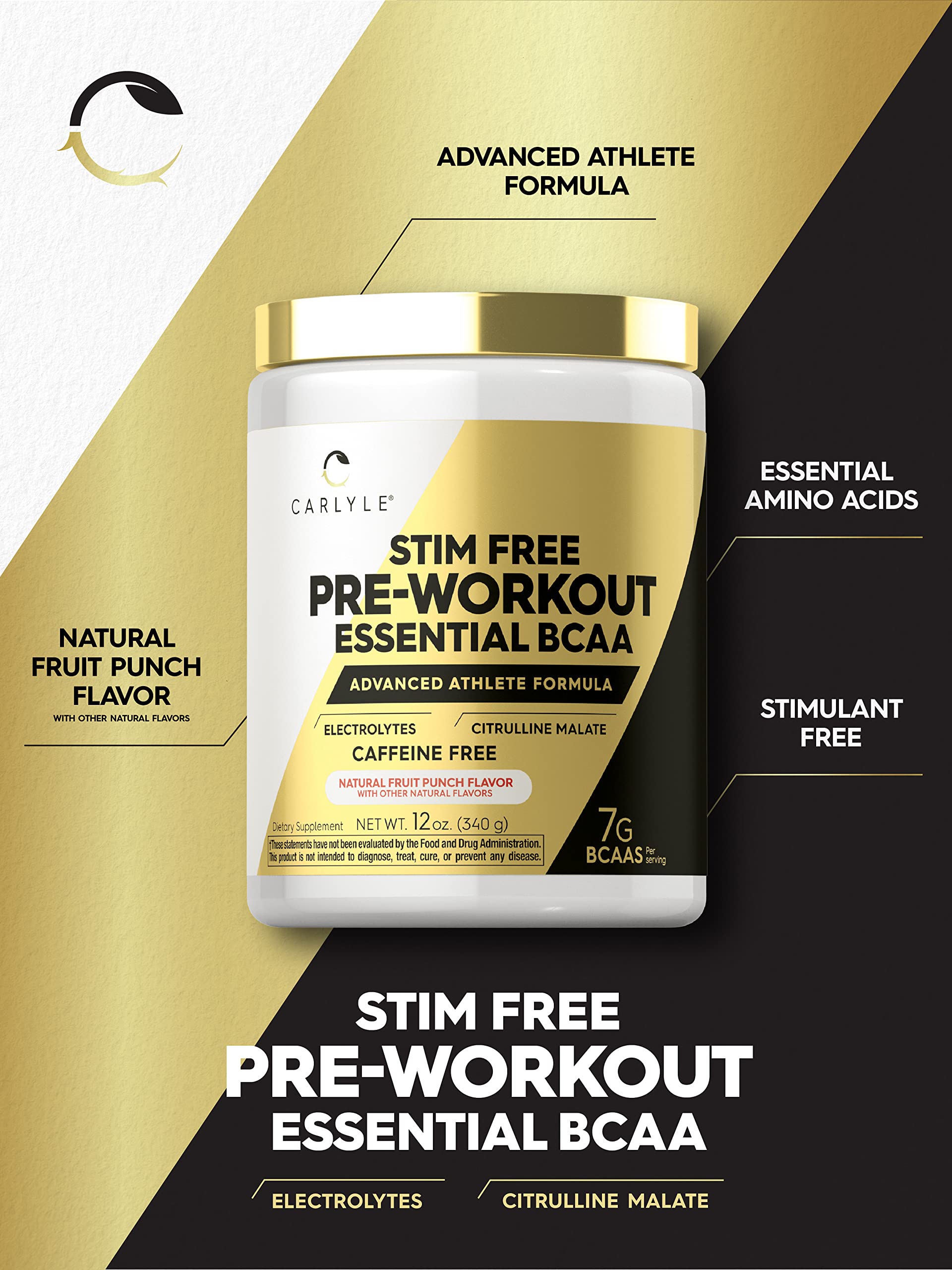 Carlyle Stim Free Pre Workout Powder | BCAA Amino Acids | 7g BCAA | Fruit Punch Flavor Carlyle Au supplements