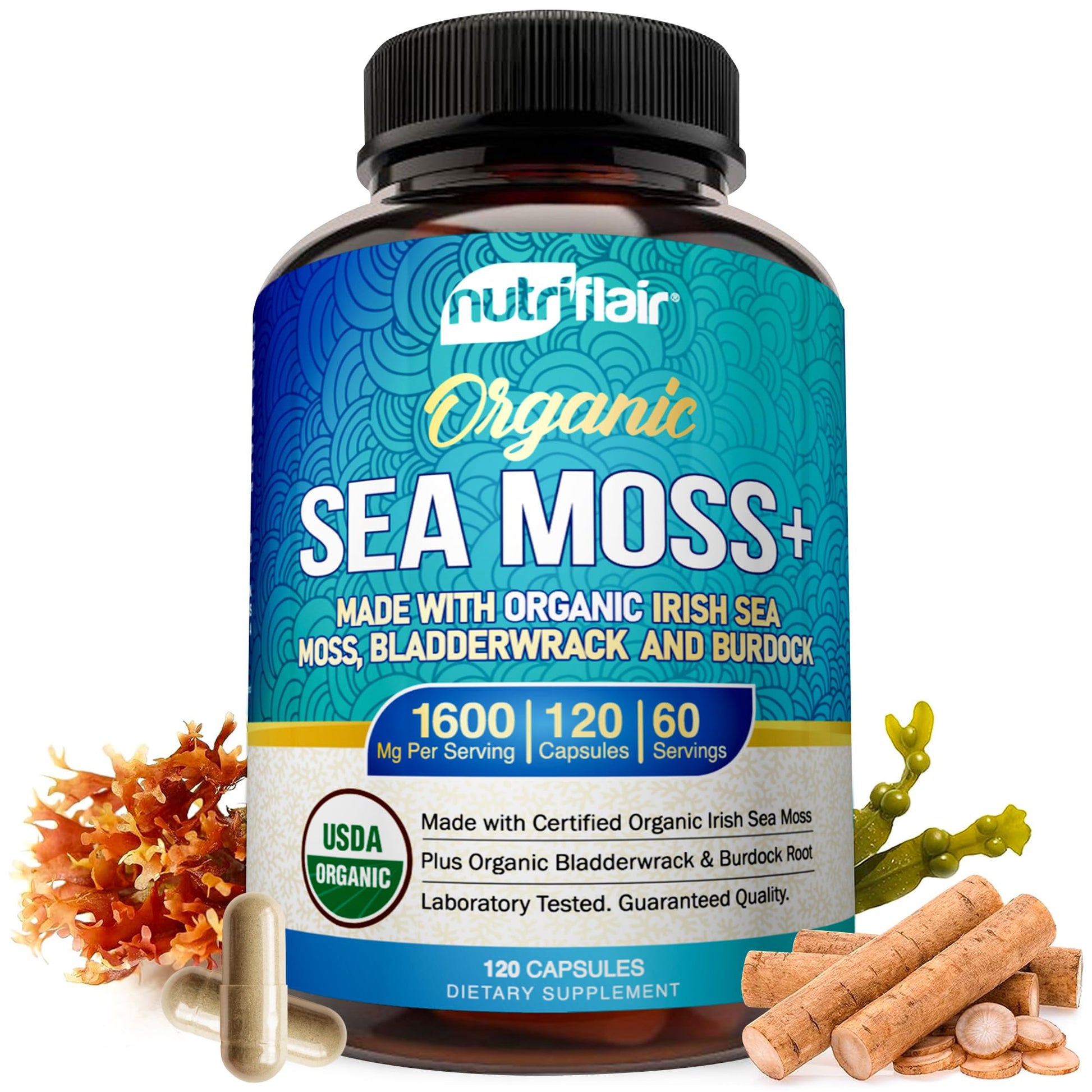 NutriFlair Organic Sea Moss 1600mg, 120 Capsules Plus Bladderwrack & Burdock - Prebiotic Super Food - Immune System & Digestive Health - Thyroid, Healthy Skin, Keto Detox, Gut NutriFlair Au supplements