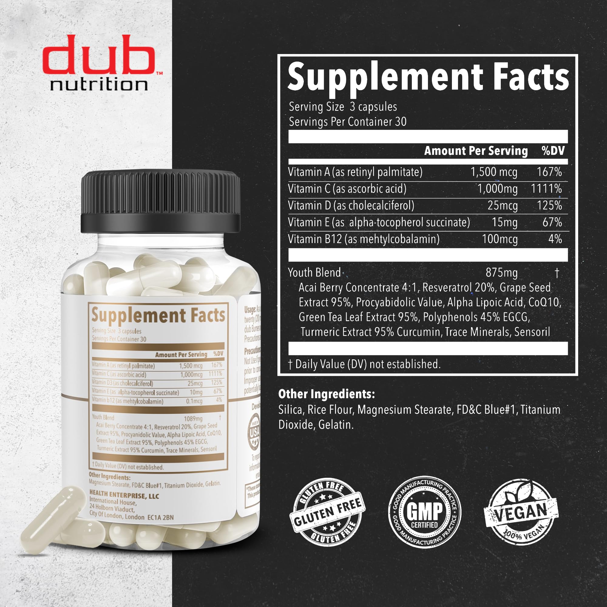 Dub Nutrition Youth - Formula with Acai, Resveratrol, Curcumin, Vitamins A, C, D, E, B12, and CoQ10 - Supports Immunity and Mobility - 90 Capsules Dub Nutrition Au supplements