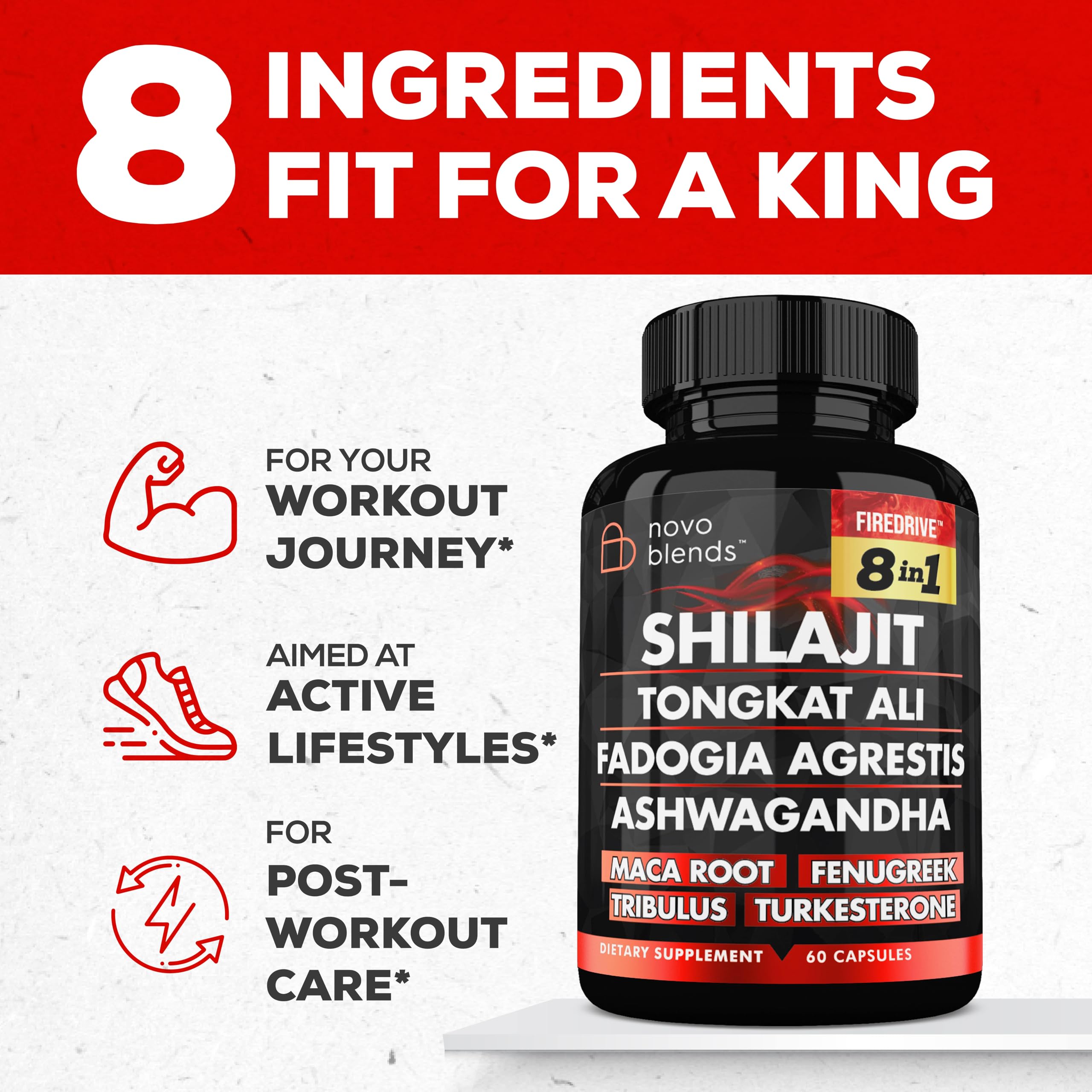 Shilajit 3000mg Tongkat Ali 15,000mg Fadogia Agrestis 1000mg Maca Root 2000mg Ashwagandha 4000mg Fenugreek 1500mg Tribulus Terrestris 500mg Turkesterone 500mg, 8-in-1 Supplement Blend for Men Novo Blends Au supplements
