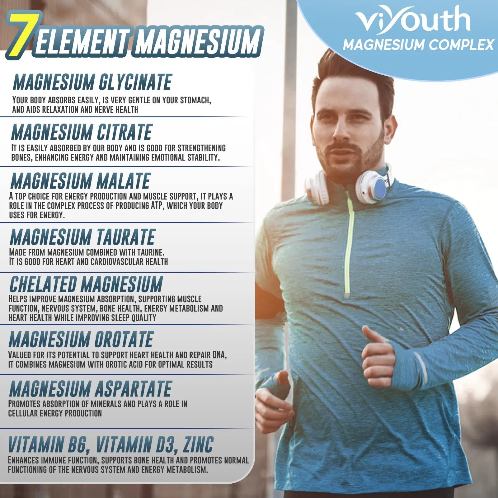 Magnesium 7 Complex Supplement Advanced with 7 Forms of Magnesium (Glycinate, Malate, Chelate, Aspartate, Orotate, Taurine, Citrate), Zinc, Vitamin D3 & Vitamin B6 for Sleep & Muscle, 60 Capsules VIYOUTH Au supplements