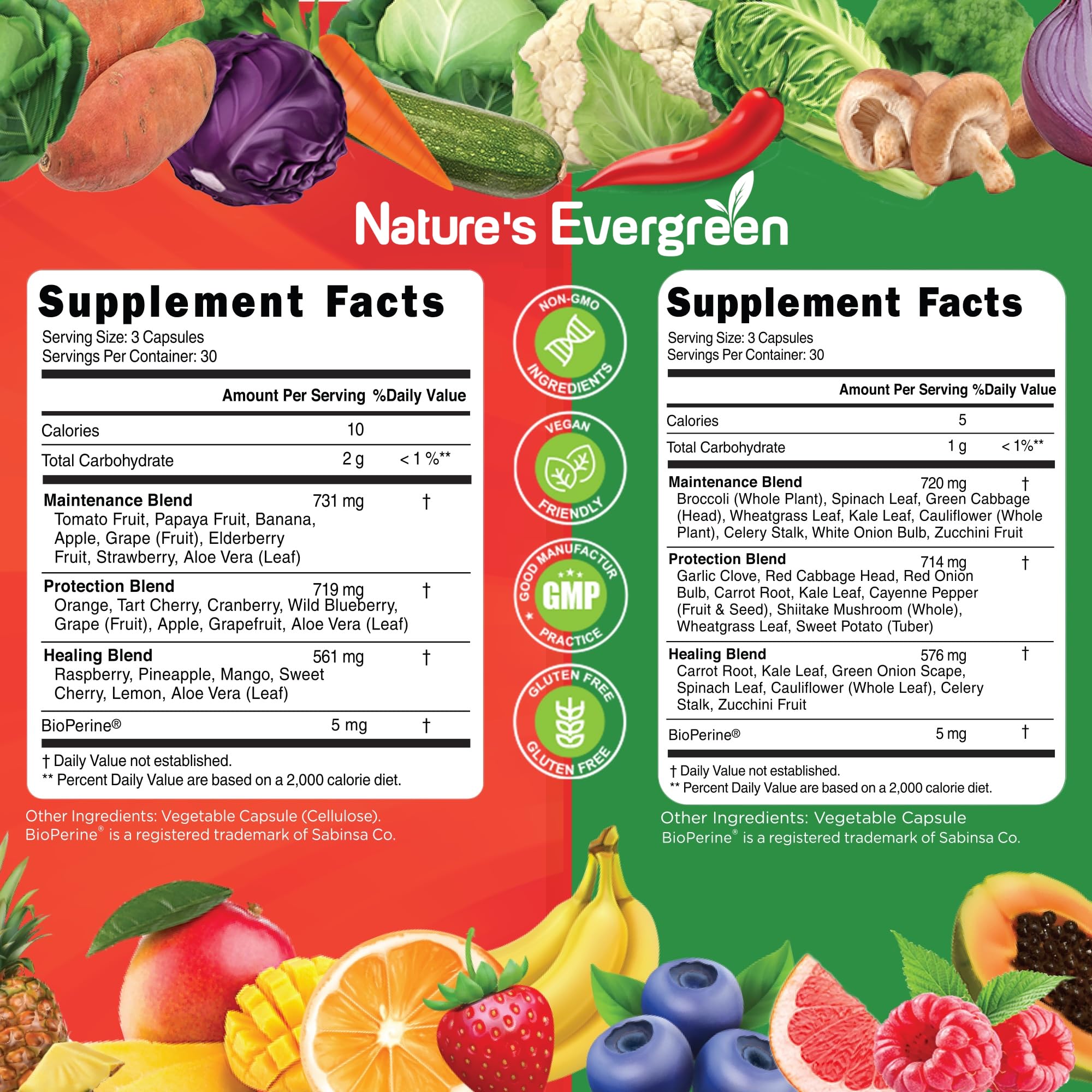 Fruits and Veggies Supplement - Nature Fruits and Vegetables Supplements - Vegan, Non GMO, Soy Free, Superfood Vitamins & Minerals Nutritional Balance - (Total 180 Capsules - Pack of 2) Made in USA Nature's Evergreen Au supplements
