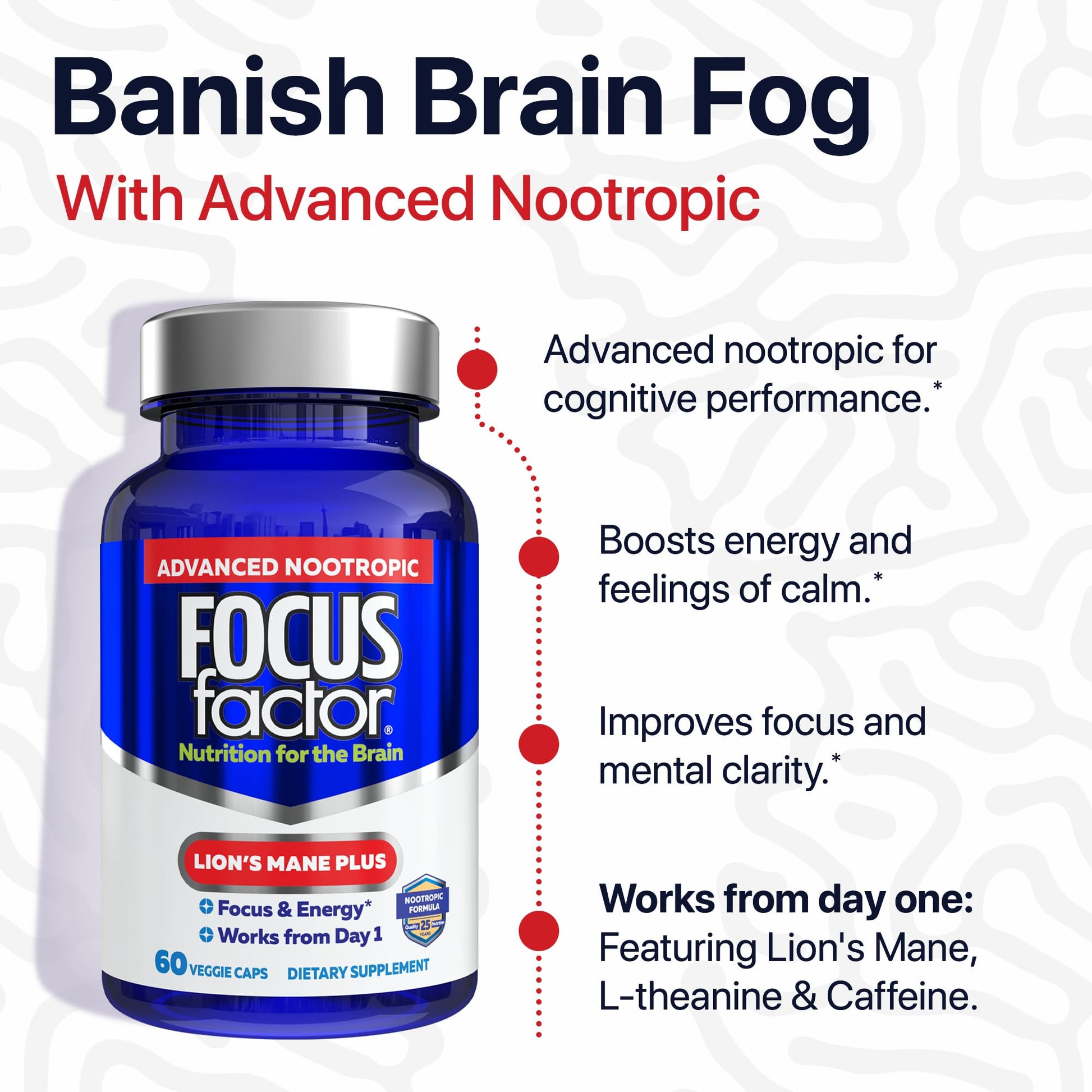 Focus Factor Lions Mane Plus, Advanced Nootropic with L-Theanine, Caffeine, Focus and Energy (60 Count) Focus Factor Au supplements
