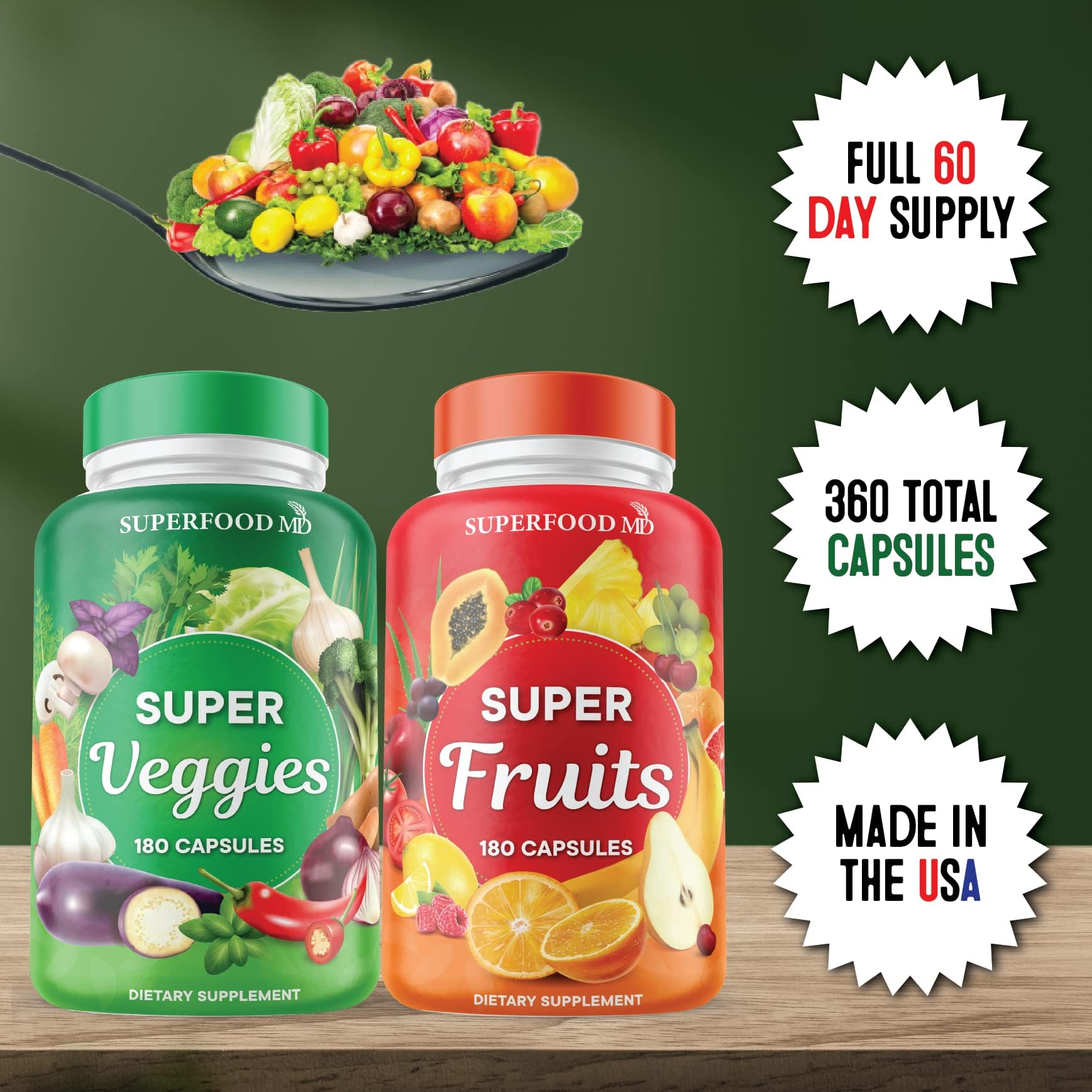 Superfood Fruit and Veggie Supplement - 360 Whole Super Fruit and Vegetable Supplements & Vitamin with Beta-Carotene, Soy Free- 180 Count (Pack of 2) Superfood MD Au supplements