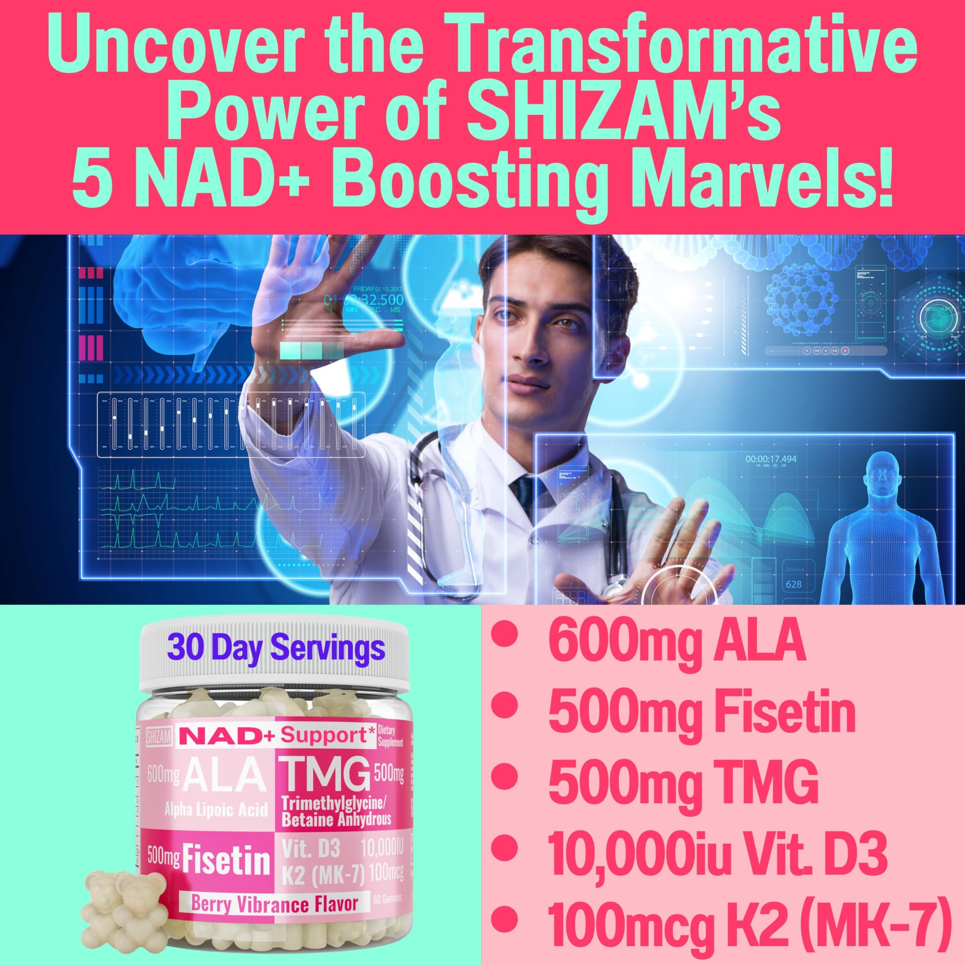 SHIZAM TMG Betaine Alpha Lipoic Acid ALA D3 Fisetin Gummies, Tri-Methylglycine trimethylglycine R-Alpha NAD+ Plus + HCL Supplements, Mitochondrial Senolytic Activator, NR Capsules Powder 600mg 1000mg SHIZAM Au supplements
