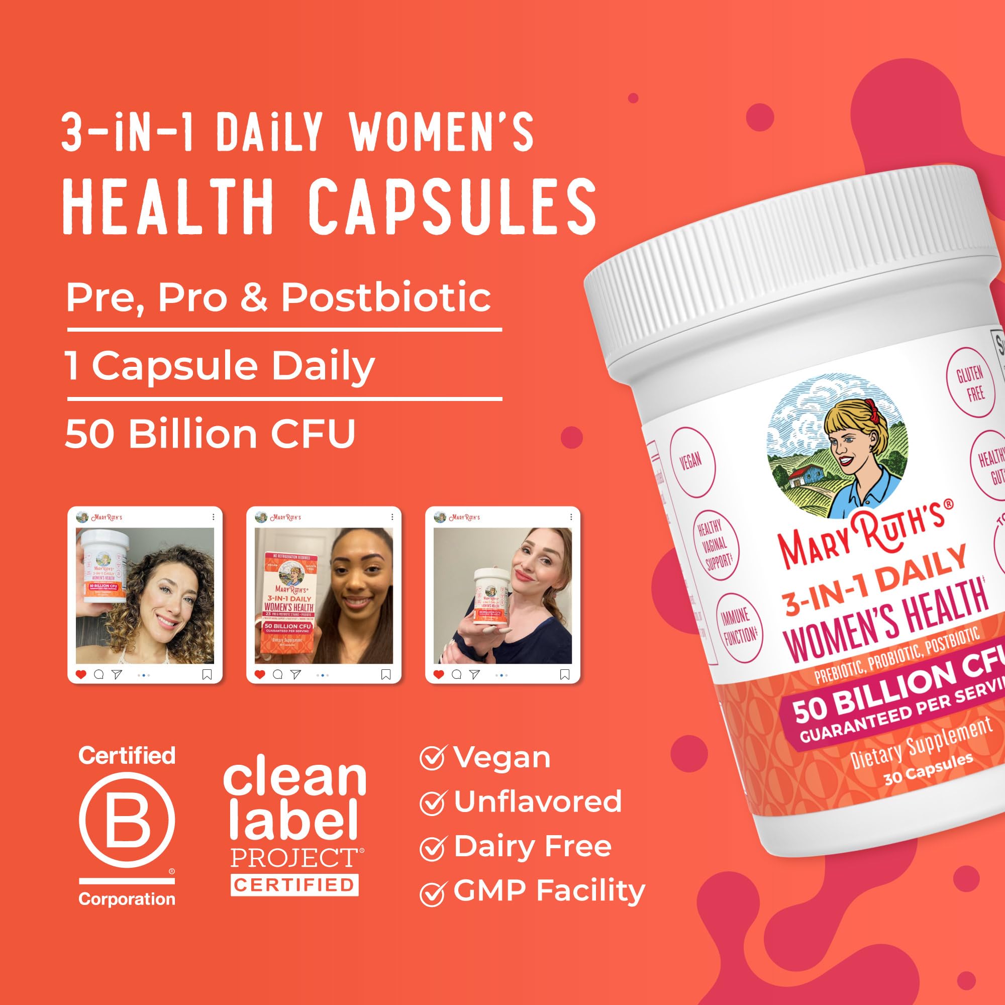 MaryRuth's 3-in-1 Daily Health Probiotics for Women | Hormone Support & Gut Health Supplement for Women | Women’s Probiotic | 50 Billion CFU | Vegan | 30 ct MARYRUTH'S Au supplements